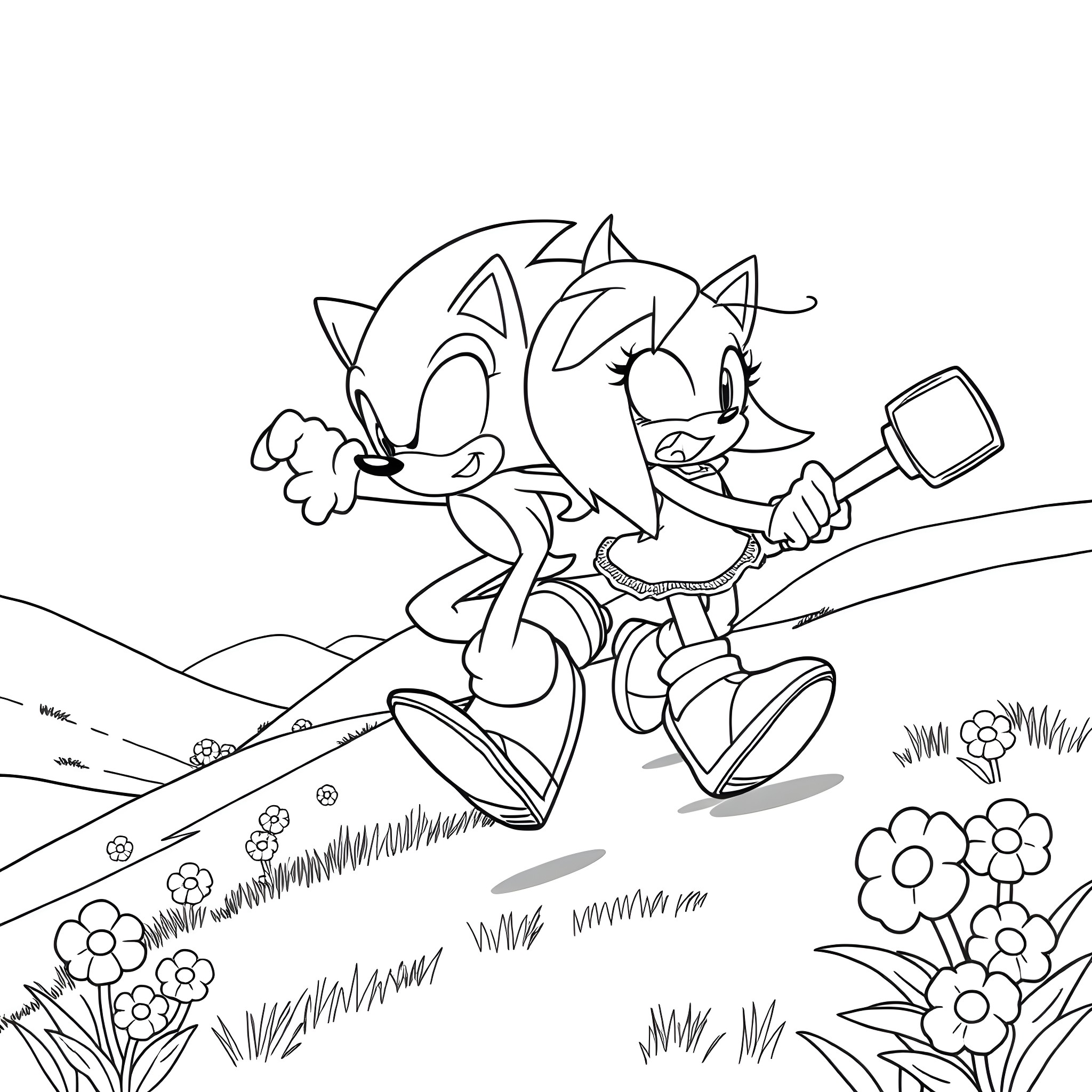 Sonic running happily in a grassy field Coloring Page (free black-and-white line drawing printable PDF for all, from beginners to advanced learners, including children, teens, adults, and seniors)