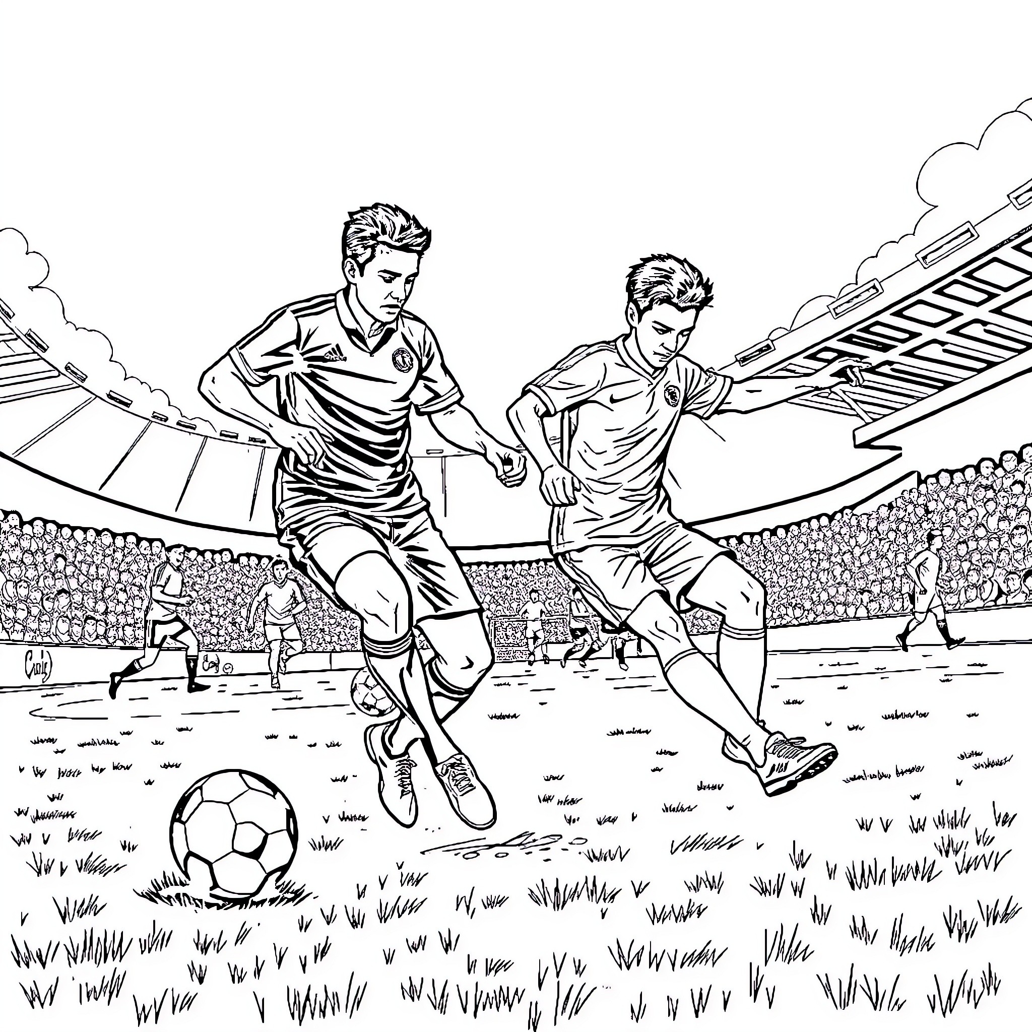 Soccer players competing in a match on the field Coloring Page (free black-and-white line drawing printable PDF for all, from beginners to advanced learners, including children, teens, adults, and seniors)