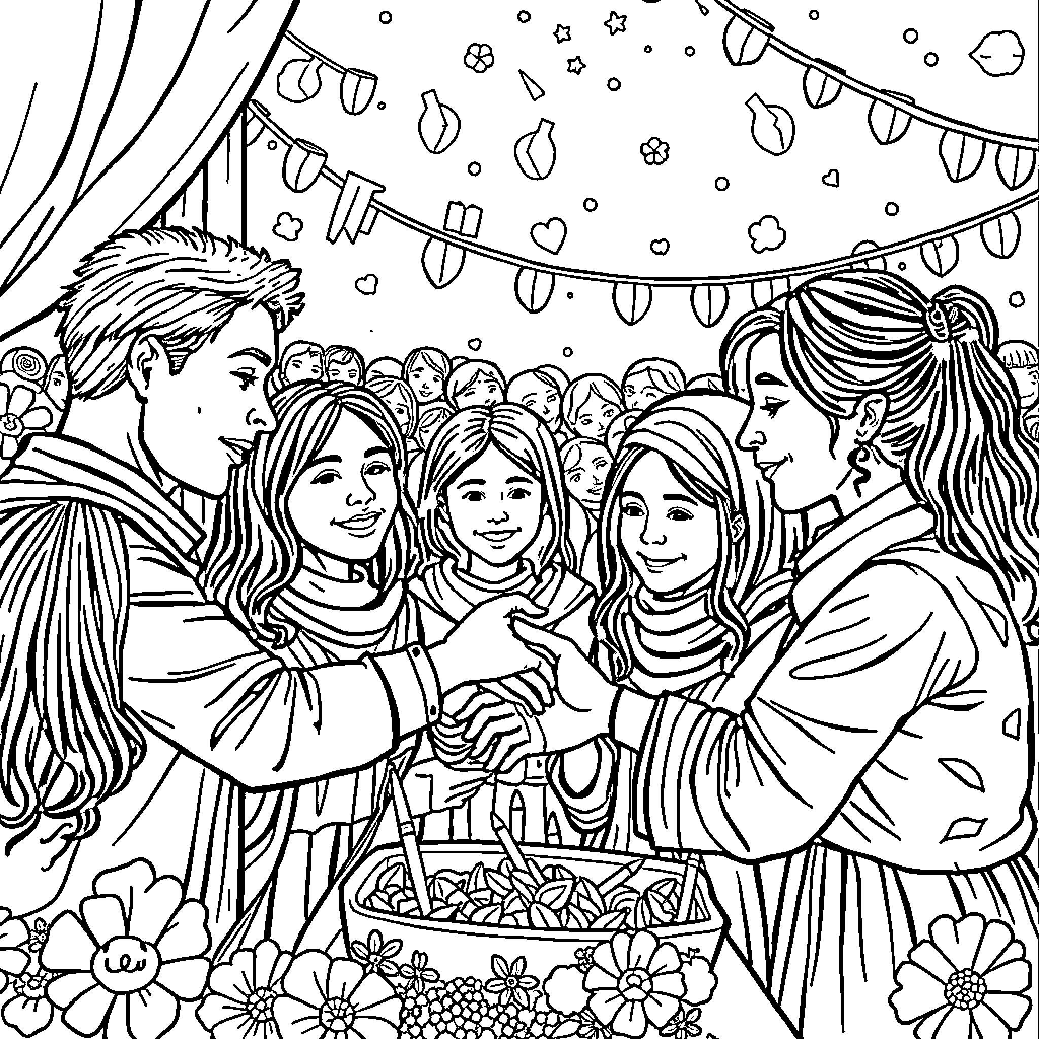 Charity: Community Celebration with Decorations and Smiles Coloring Page (free black-and-white line drawing printable PDF for all, from beginners to advanced learners, including children, teens, adults, and seniors)