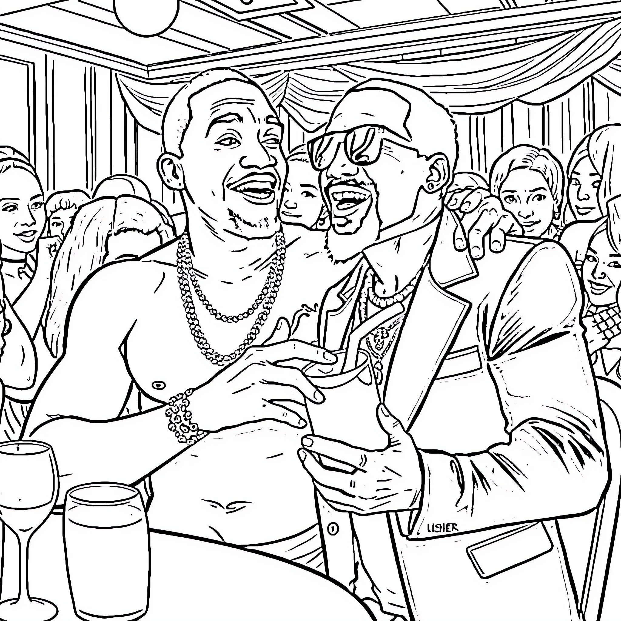 P Diddy's lively party with friends and celebrators Coloring Page (free black-and-white line drawing printable PDF for all, from beginners to advanced learners, including children, teens, adults, and seniors)