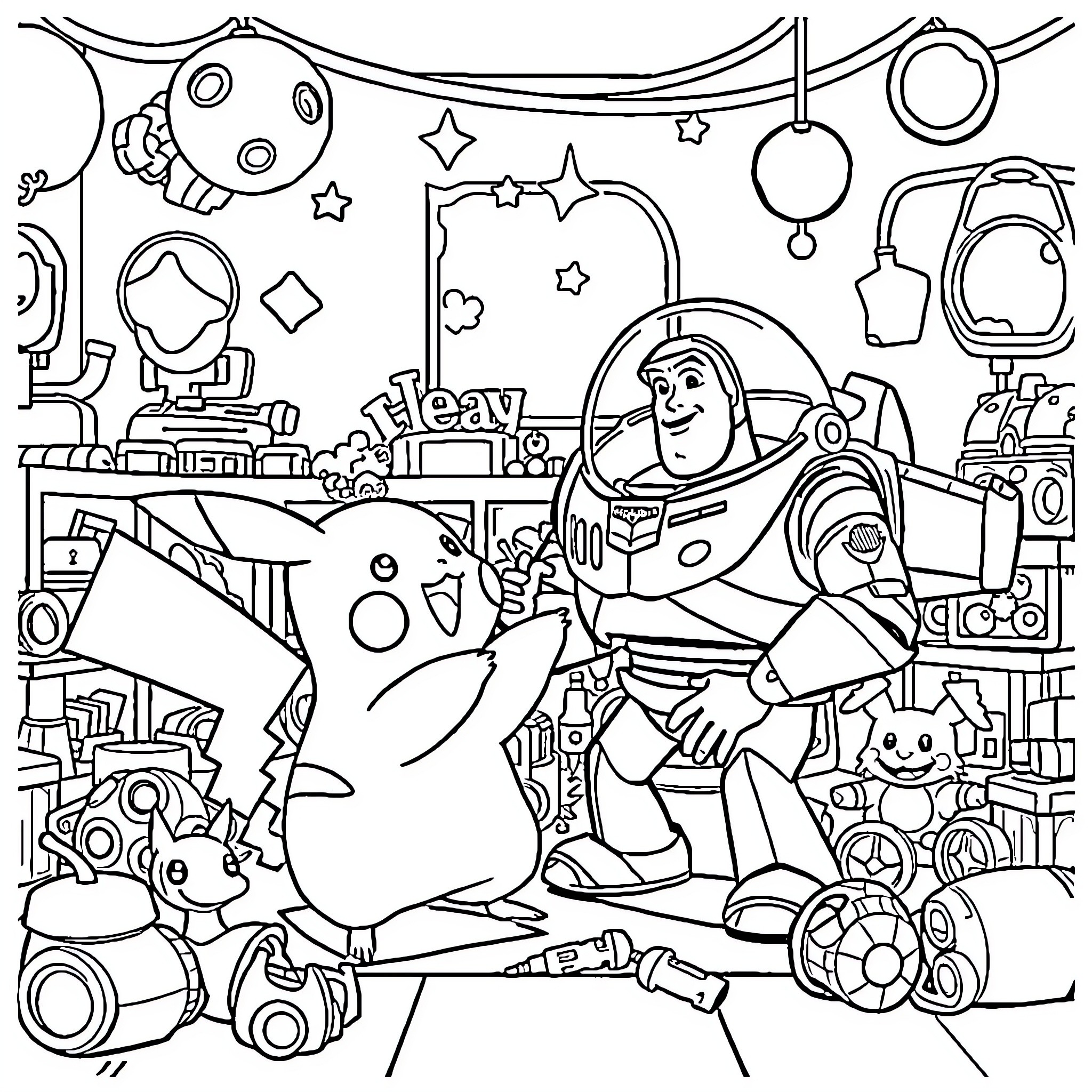 Pikachu's Playful Encounter with Buzz Lightyear Coloring Page (free black-and-white line drawing printable PDF for all, from beginners to advanced learners, including children, teens, adults, and seniors)