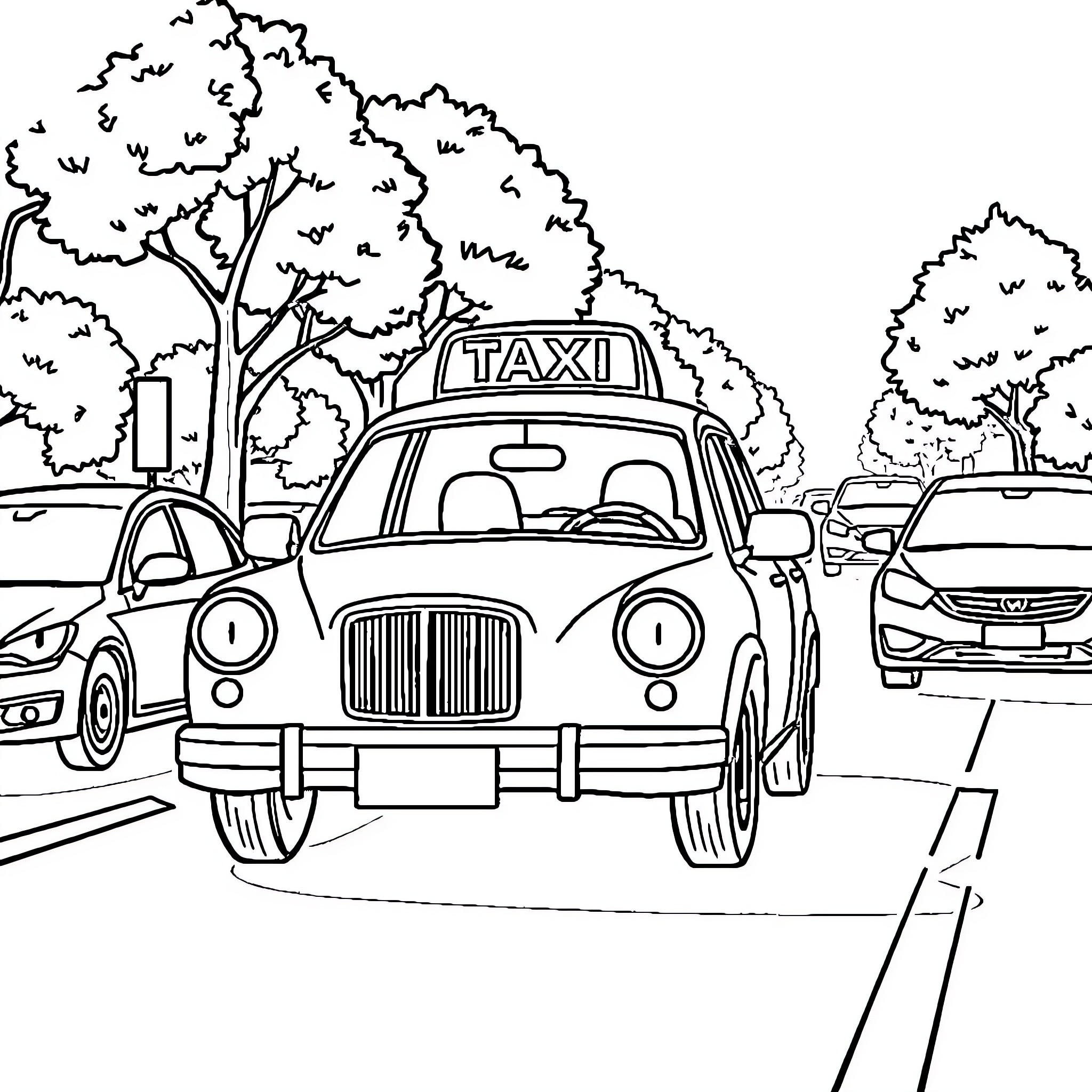 Taxi waiting in a tree-lined street Coloring Page (free black-and-white line drawing printable PDF for all, from beginners to advanced learners, including children, teens, adults, and seniors)