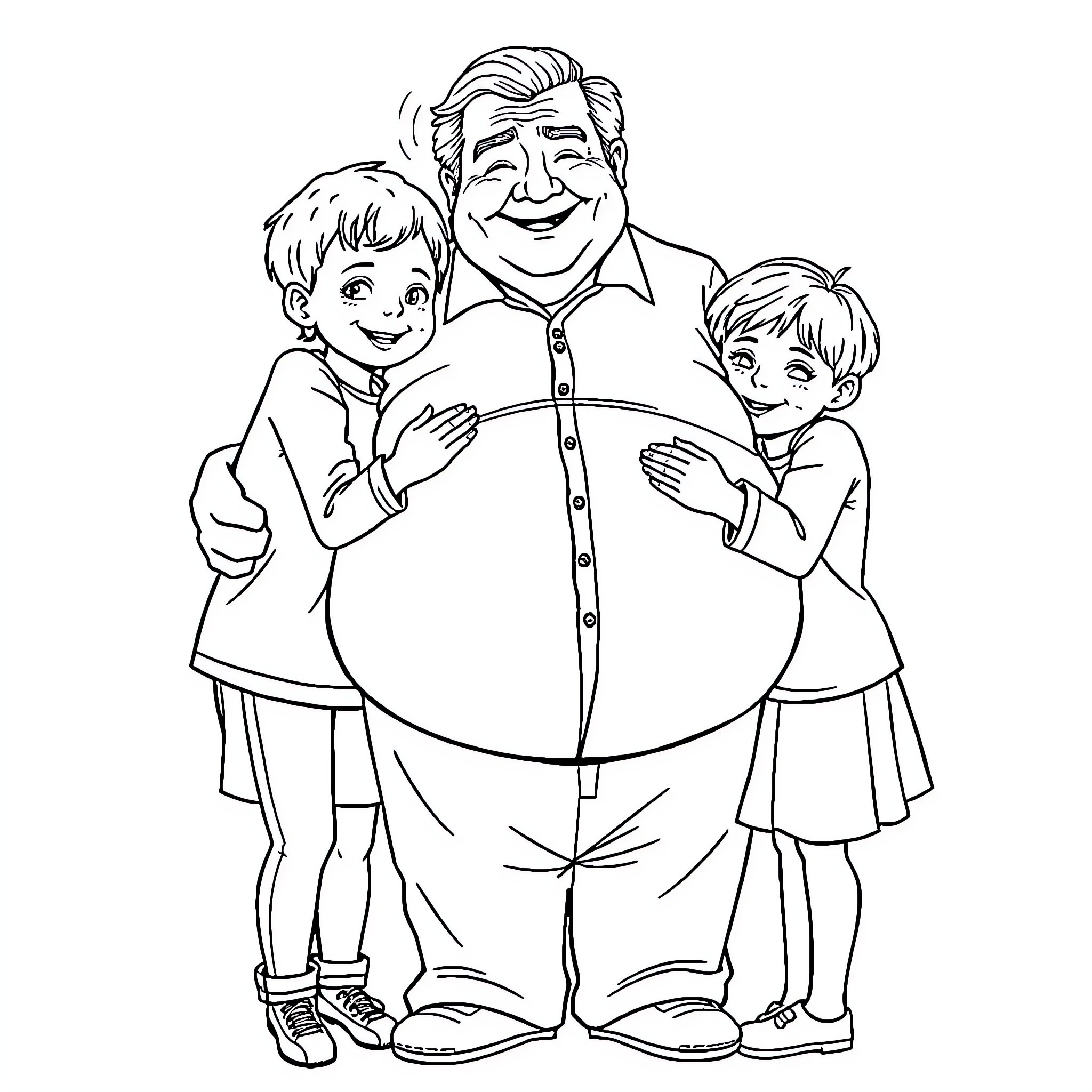 Child embracing happy grandparent with grandchildren Coloring Page (free black-and-white line drawing printable PDF for all, from beginners to advanced learners, including children, teens, adults, and seniors)