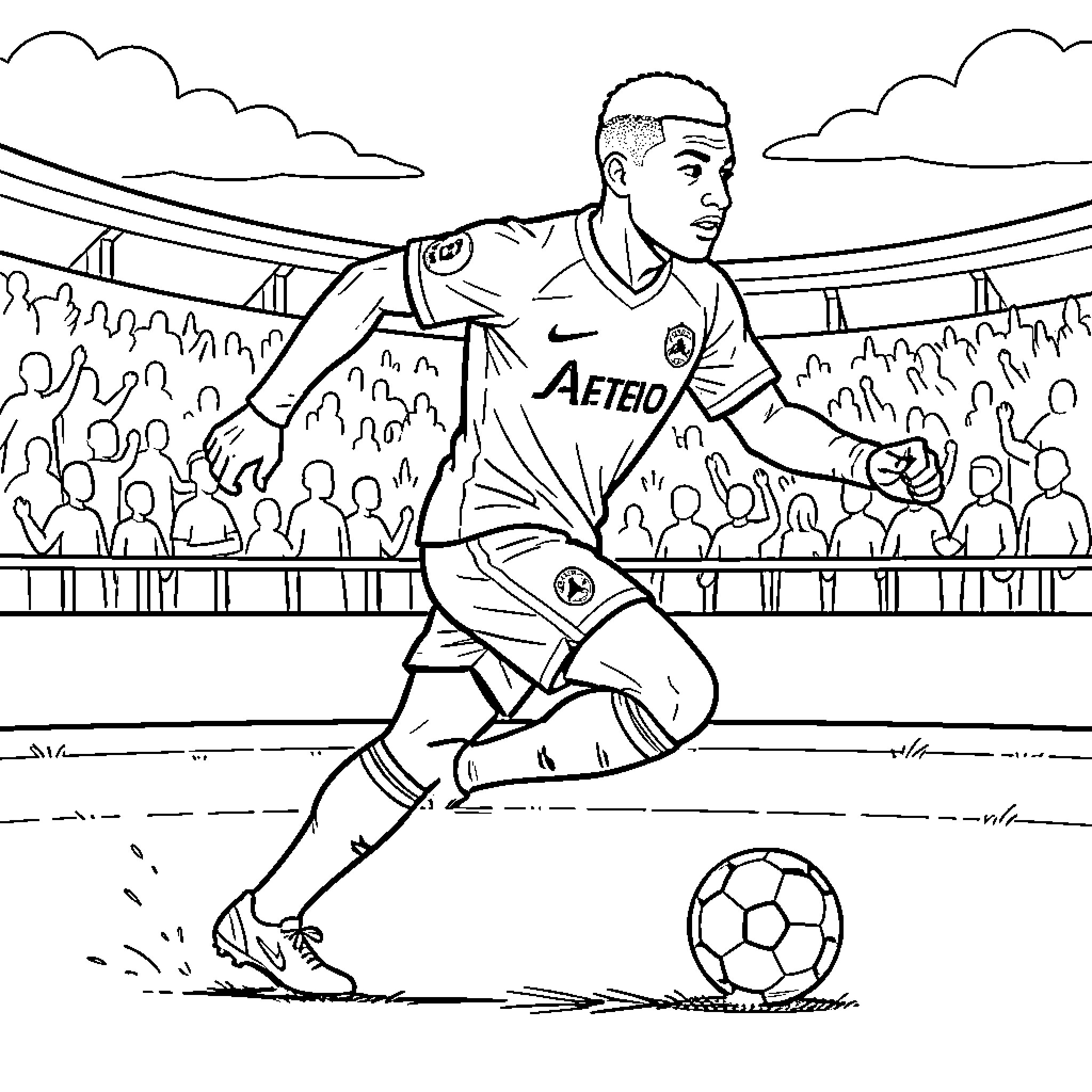Mbappe dribbling a soccer ball during a match Coloring Page (free black-and-white line drawing printable PDF for all, from beginners to advanced learners, including children, teens, adults, and seniors)