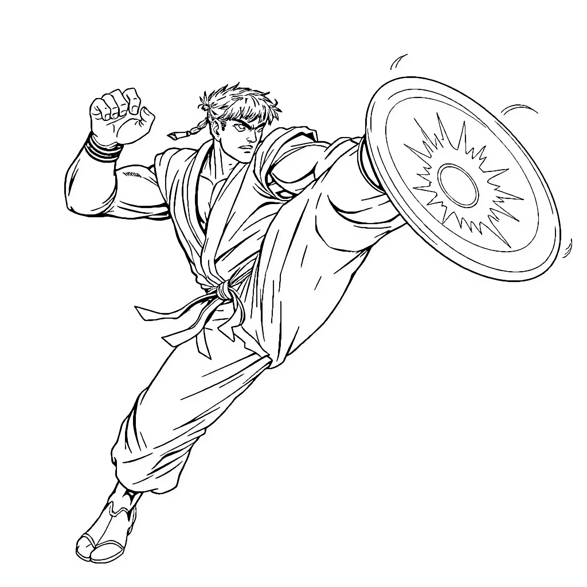Ryu's Powerful Martial Arts Pose Coloring Page (free black-and-white line drawing printable PDF for all, from beginners to advanced learners, including children, teens, adults, and seniors)