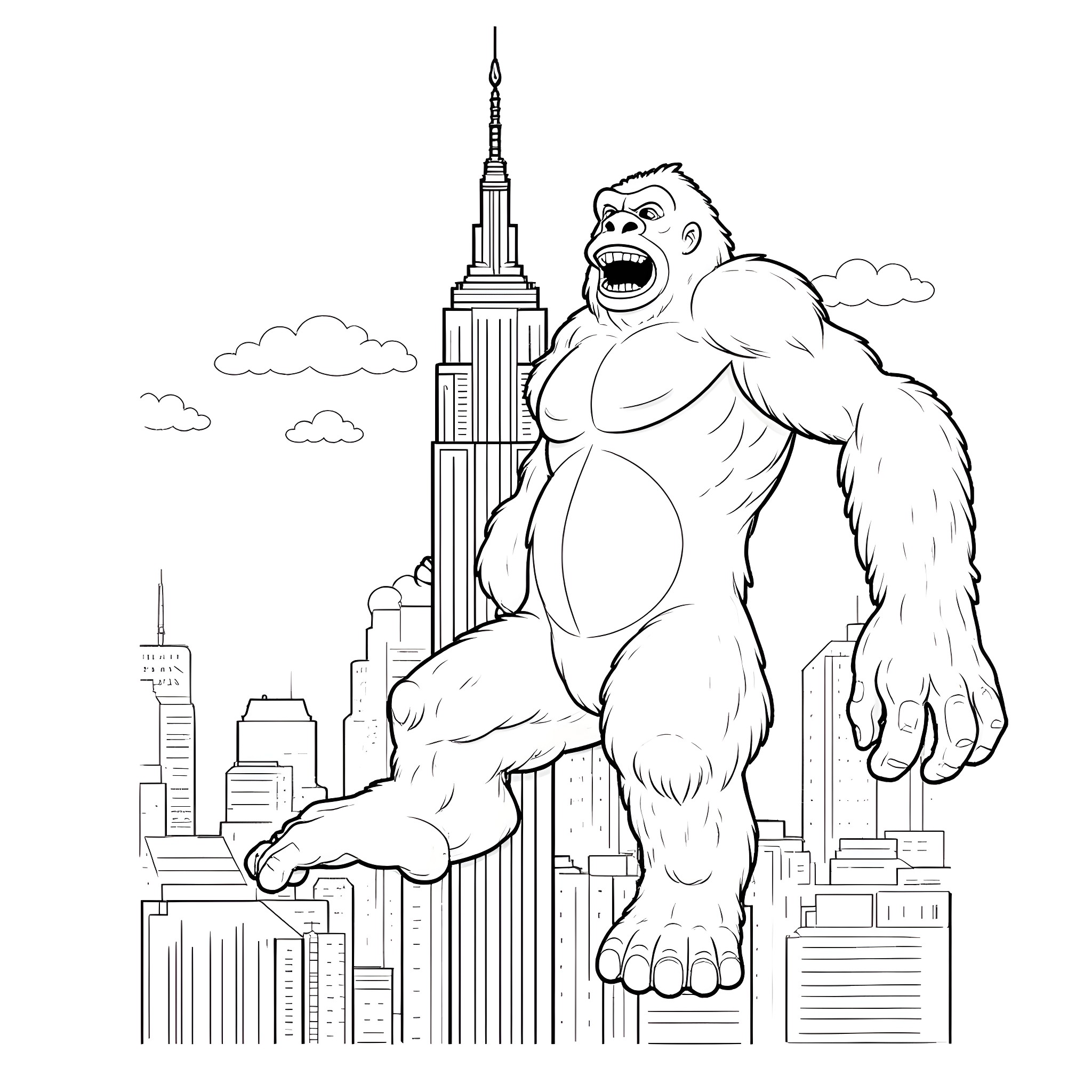 King Kong climbing the Empire State Building Coloring Page (free black-and-white line drawing printable PDF for all, from beginners to advanced learners, including children, teens, adults, and seniors)