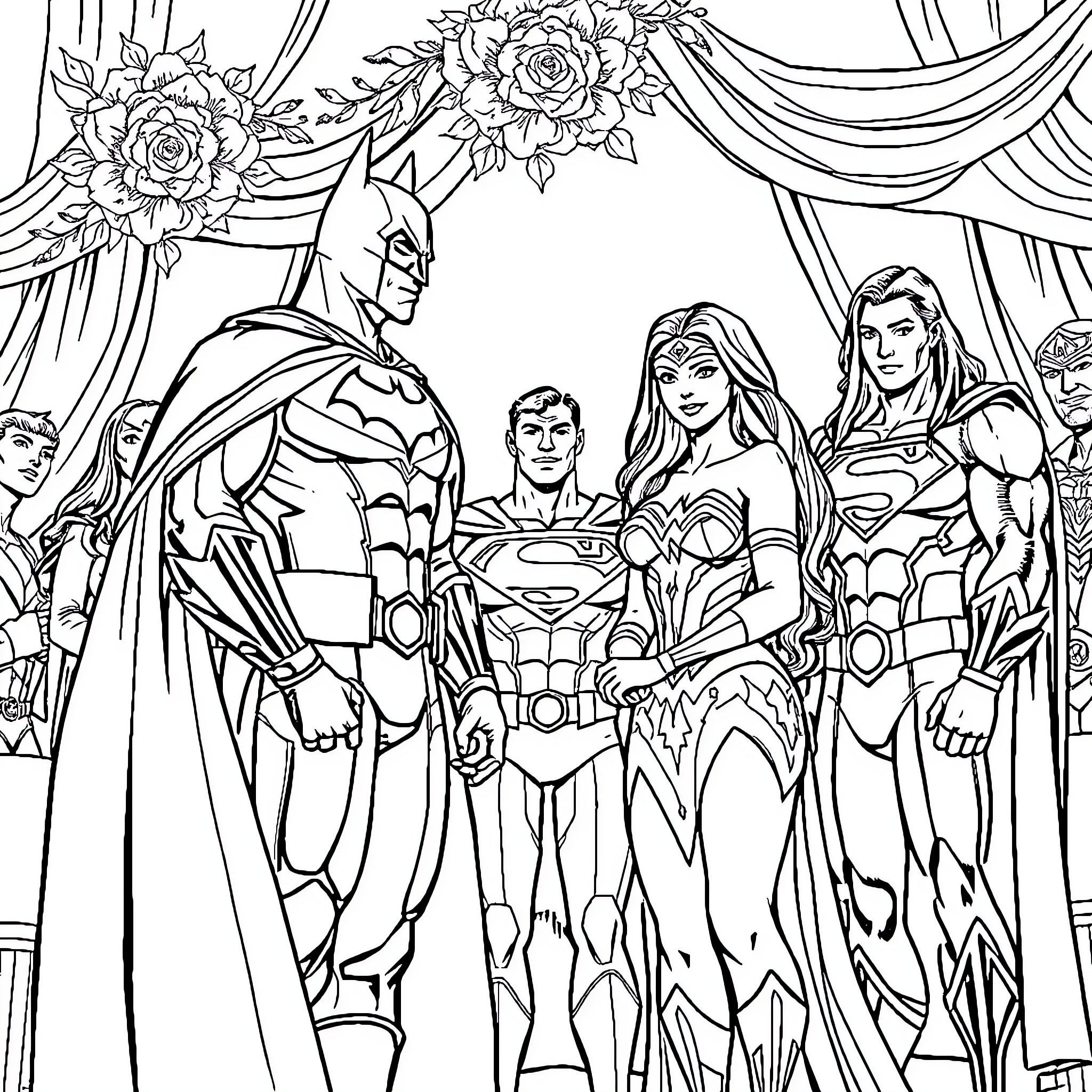 Batman and the Justice League heroes stand united Coloring Page (free black-and-white line drawing printable PDF for all, from beginners to advanced learners, including children, teens, adults, and seniors)