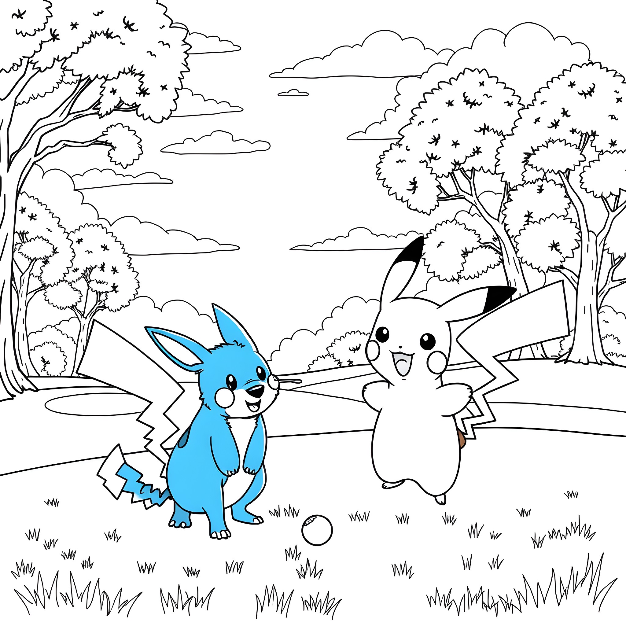 Bluey and Pikachu playing in the park Coloring Page (free black-and-white line drawing printable PDF for all, from beginners to advanced learners, including children, teens, adults, and seniors)