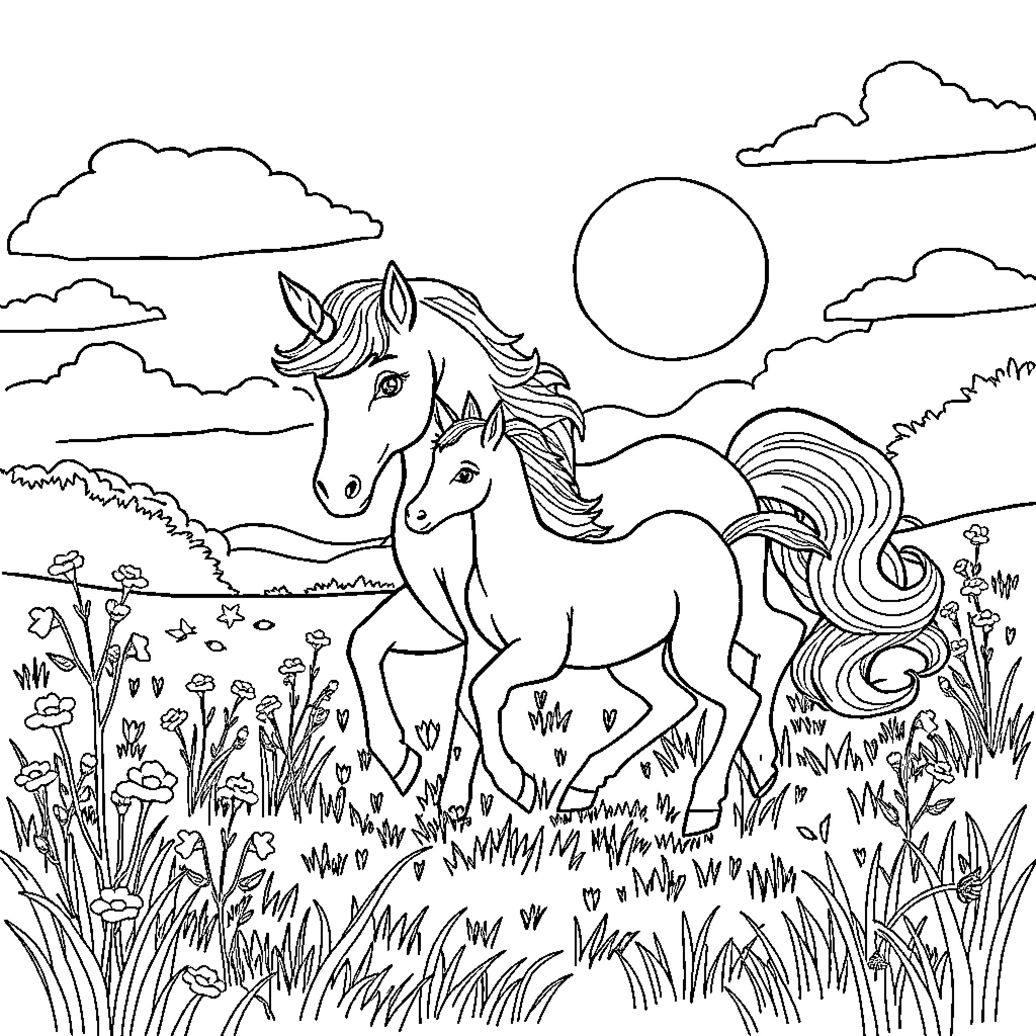 Unicorn galloping through a magical field Coloring Page (free black-and-white line drawing printable PDF for all, from beginners to advanced learners, including children, teens, adults, and seniors)