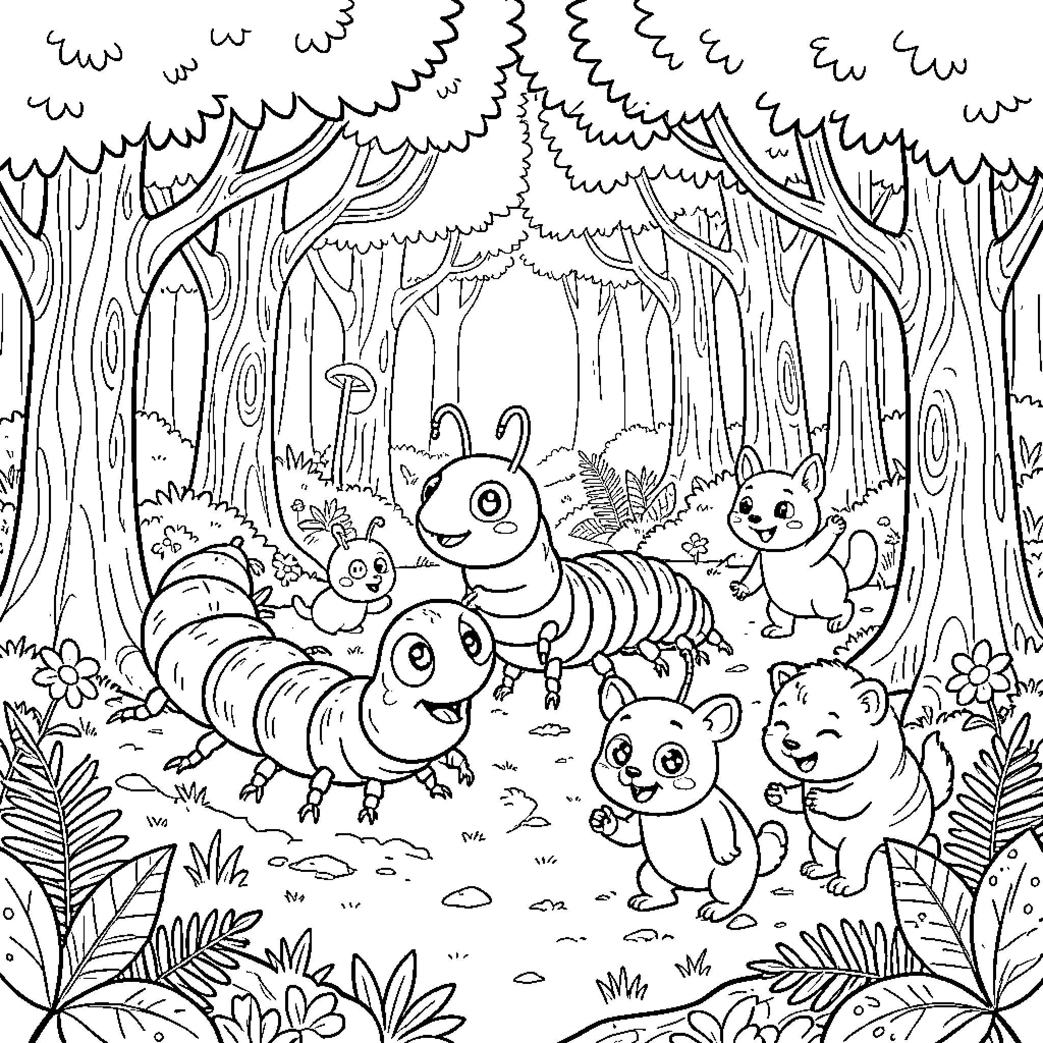 Mille-Pattes interacting with cute forest animals Coloring Page (free black-and-white line drawing printable PDF for all, from beginners to advanced learners, including children, teens, adults, and seniors)