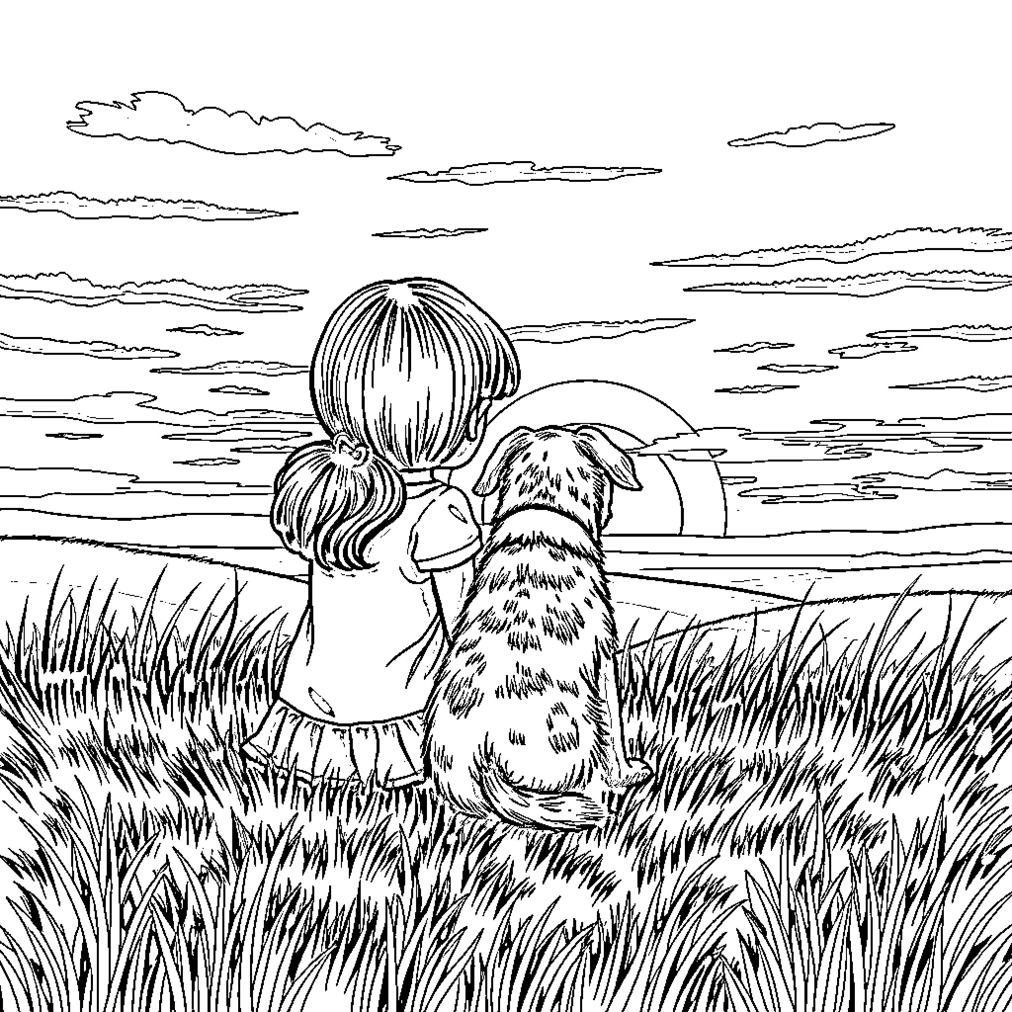 Girl and her loyal dog watching sunset in the field Coloring Page (free black-and-white line drawing printable PDF for all, from beginners to advanced learners, including children, teens, adults, and seniors)