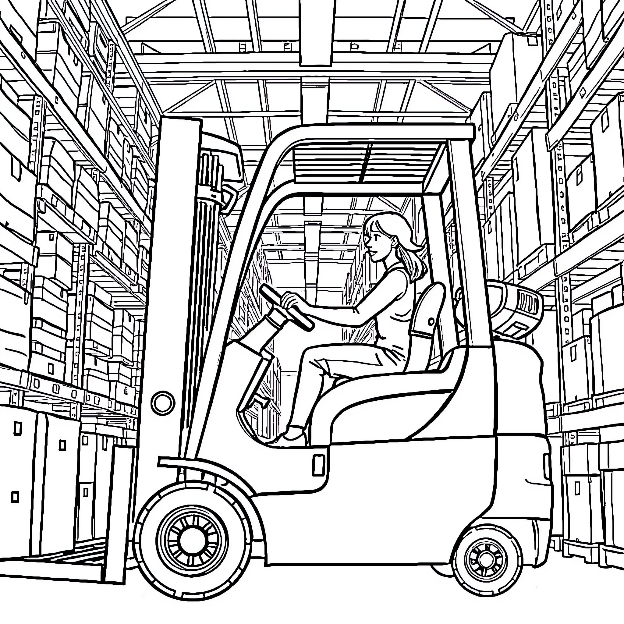 Woman operating forklift in warehouse Coloring Page (free black-and-white line drawing printable PDF for all, from beginners to advanced learners, including children, teens, adults, and seniors)