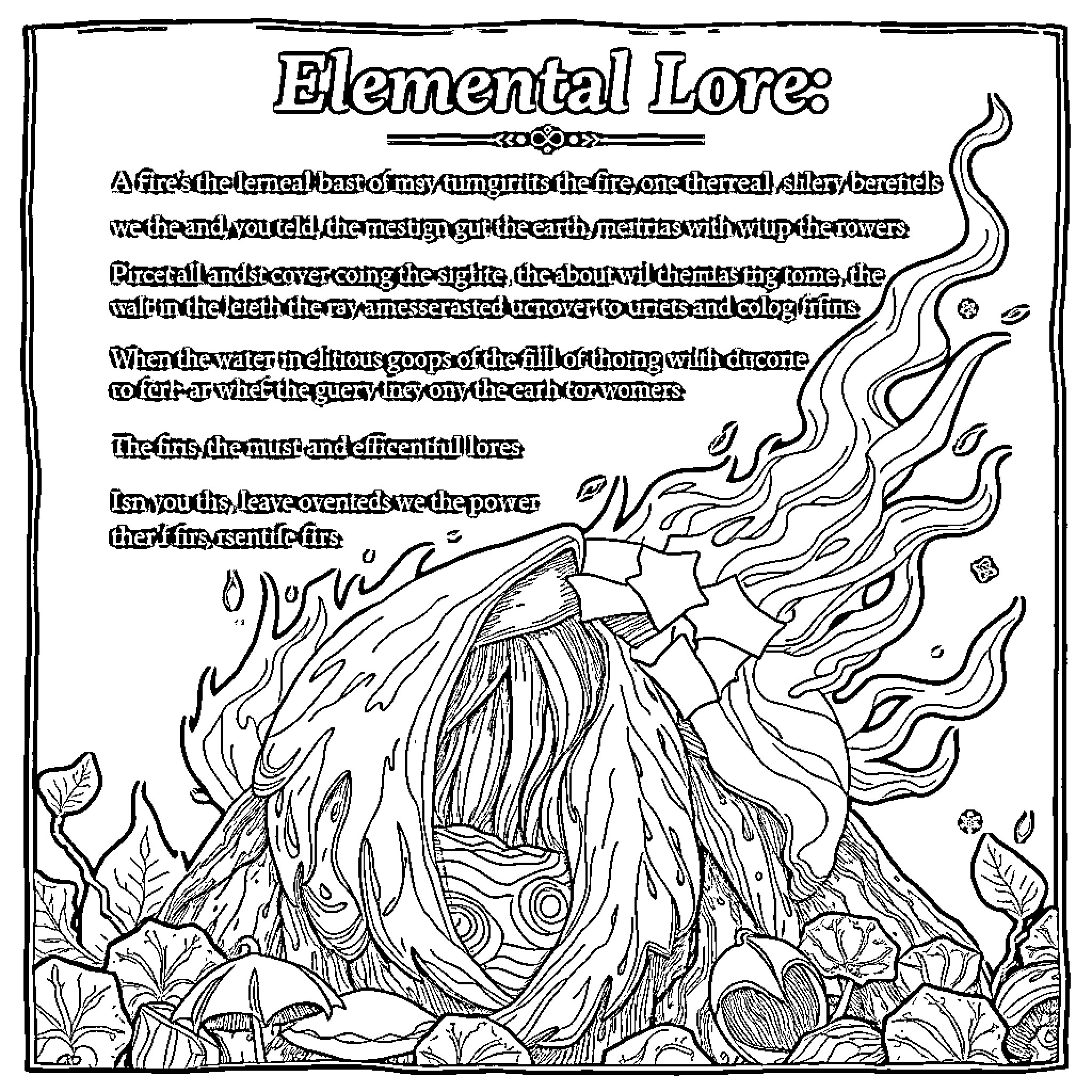 Element of Mystical Forces and Elemental Lore Coloring Page (free black-and-white line drawing printable PDF for all, from beginners to advanced learners, including children, teens, adults, and seniors)