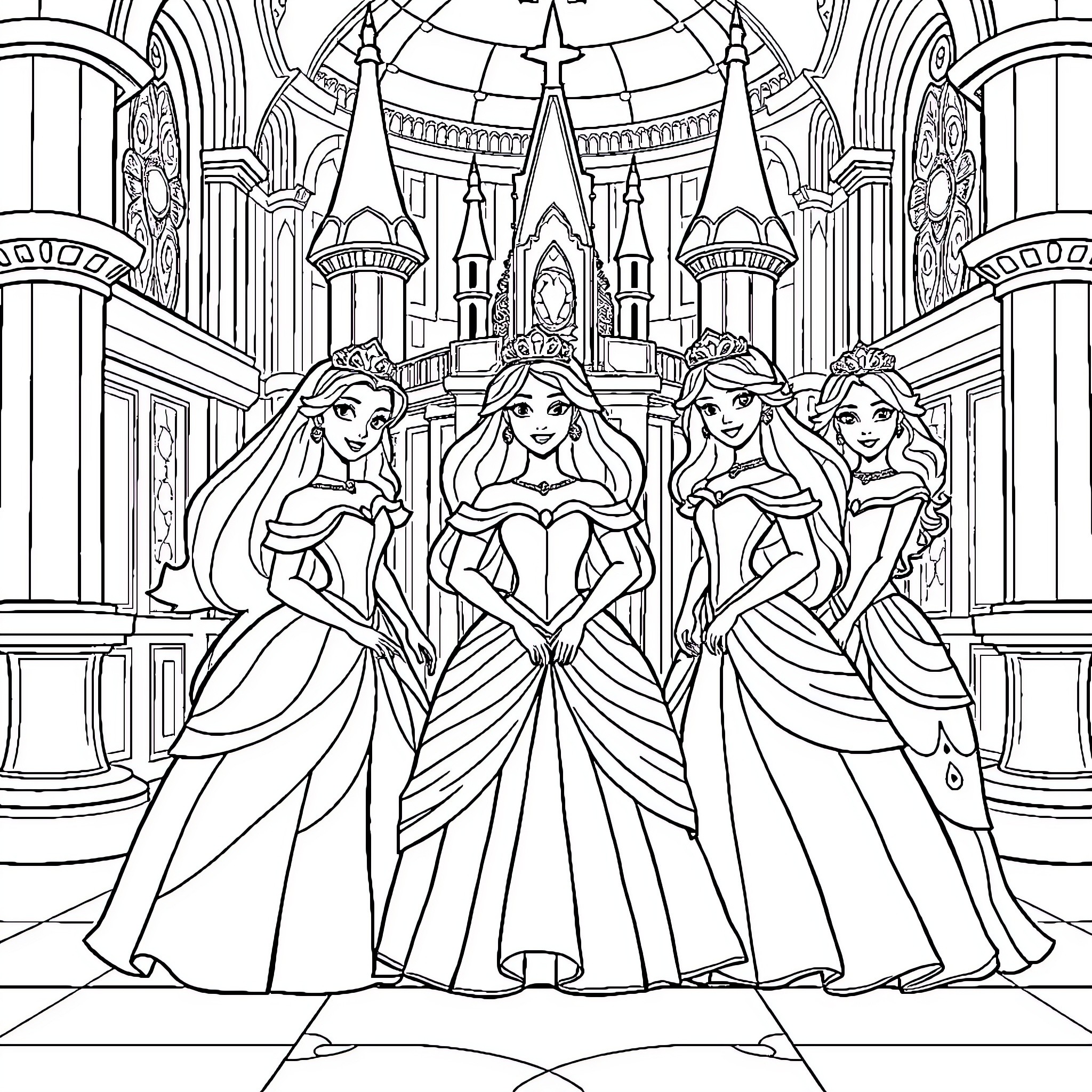 Princess Princesses Gathering in Castle Hall Coloring Page (free black-and-white line drawing printable PDF for all, from beginners to advanced learners, including children, teens, adults, and seniors)