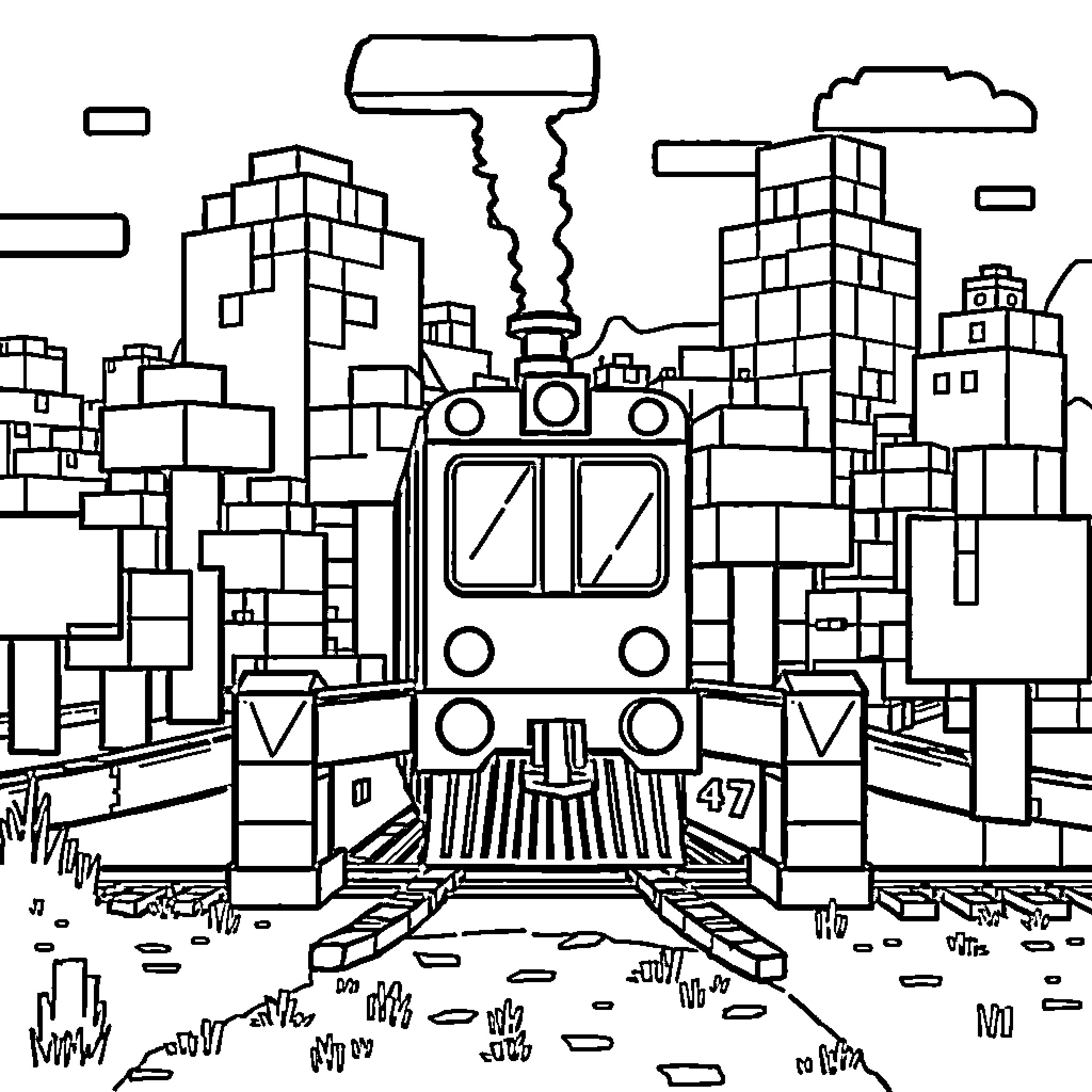 Train moving through the city skyline Coloring Page (free black-and-white line drawing printable PDF for all, from beginners to advanced learners, including children, teens, adults, and seniors)