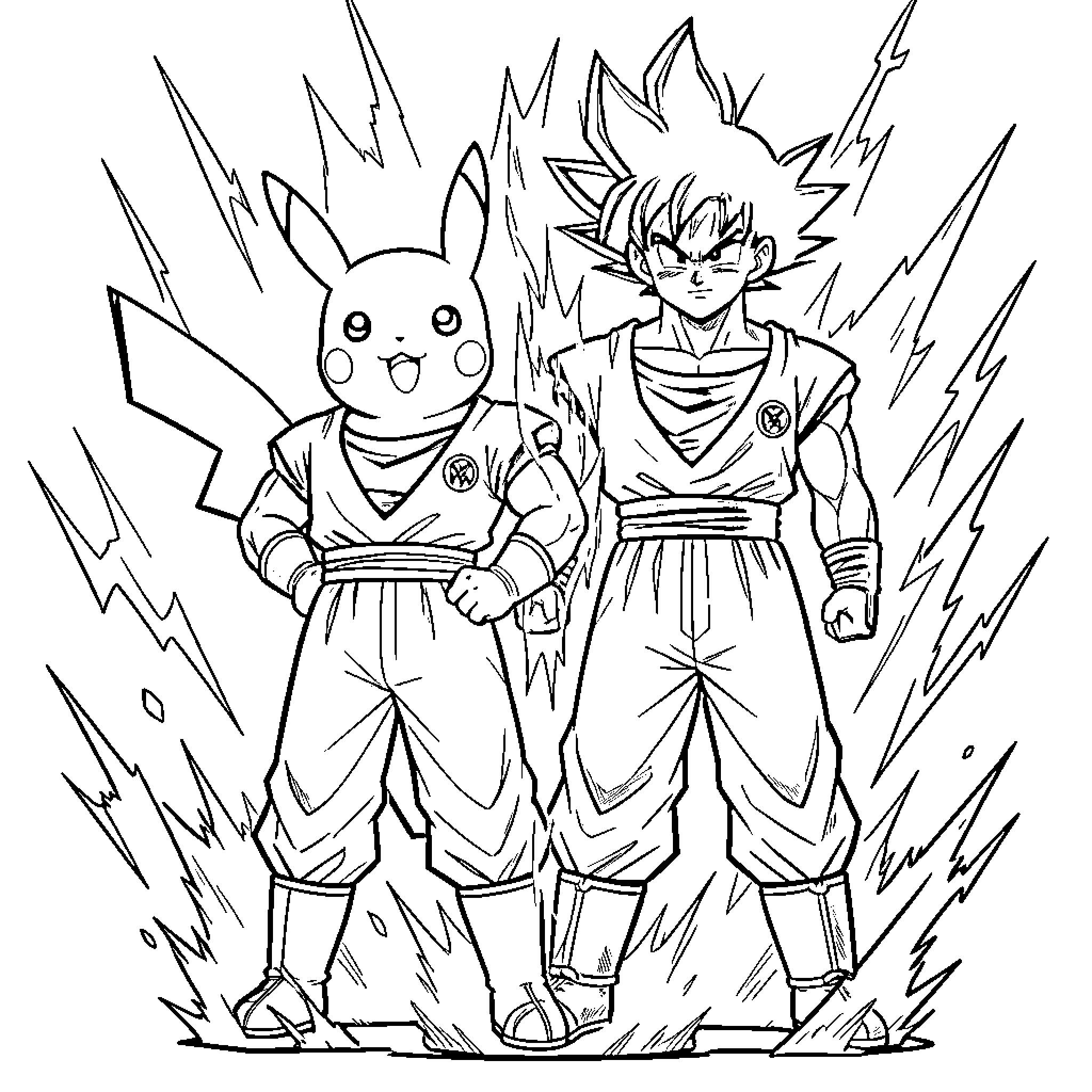 Pikachu and Goku standing confidently in fighting stances Coloring Page (free black-and-white line drawing printable PDF for all, from beginners to advanced learners, including children, teens, adults, and seniors)