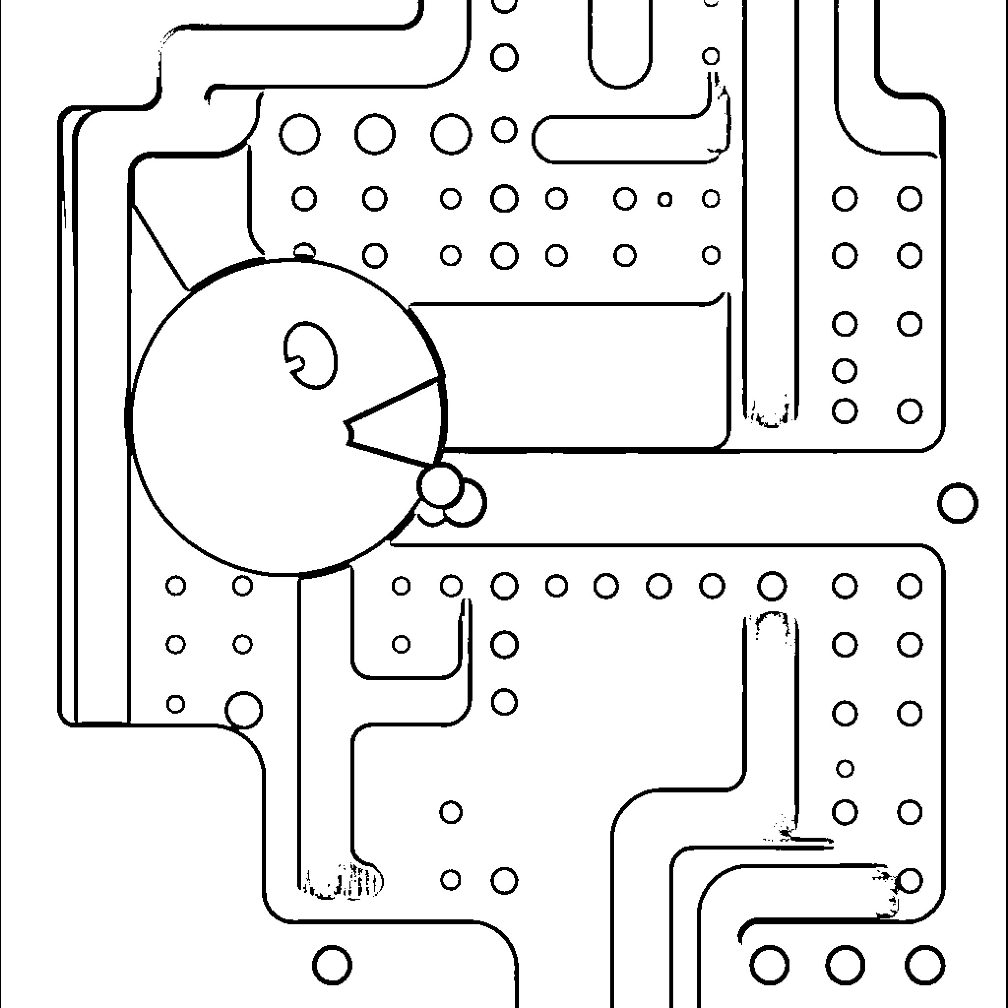 Pacman roaming through maze-like circuits Coloring Page (free black-and-white line drawing printable PDF for all, from beginners to advanced learners, including children, teens, adults, and seniors)