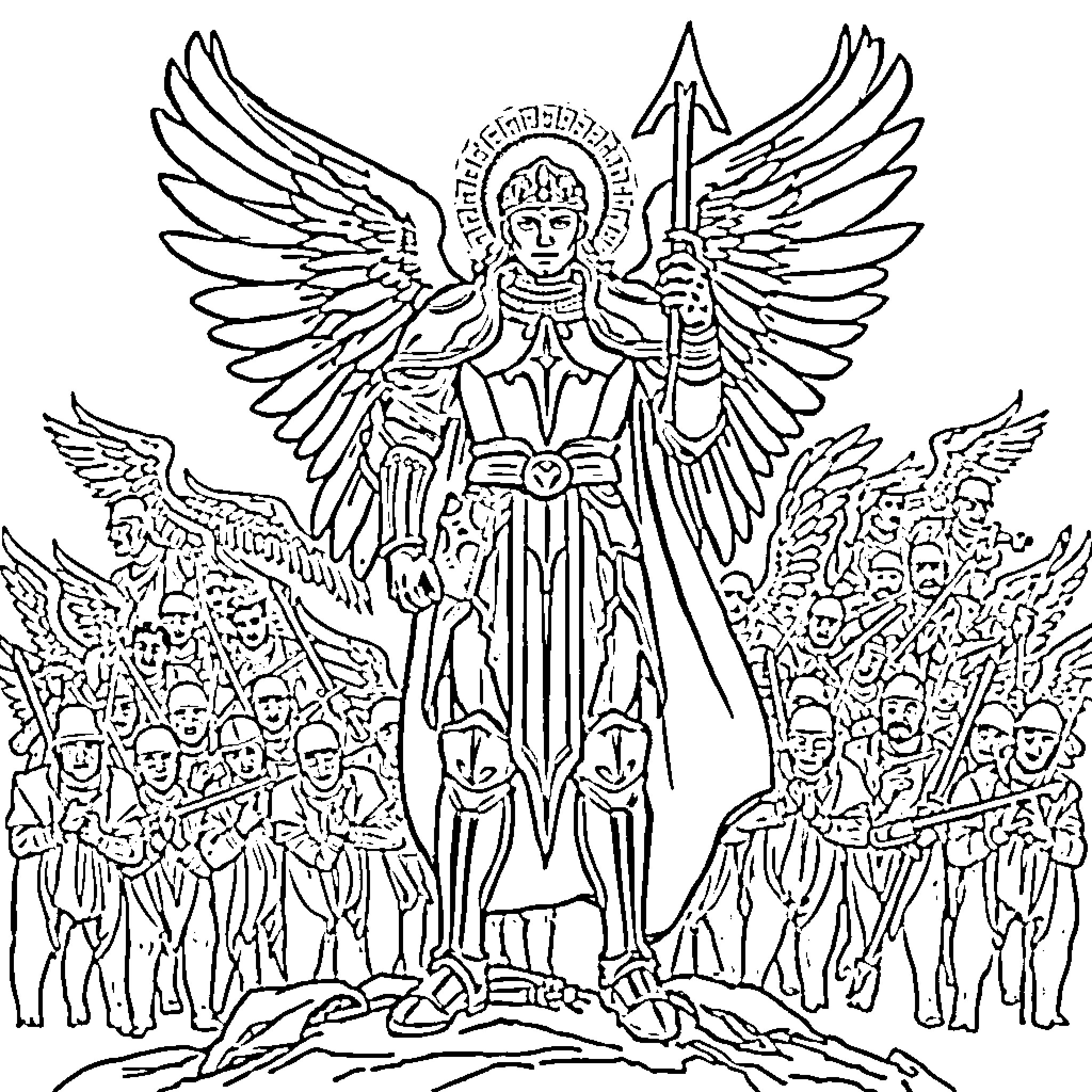 Saint Michael the Archangel Battling Evil Spirits Coloring Page (free black-and-white line drawing printable PDF for all, from beginners to advanced learners, including children, teens, adults, and seniors)