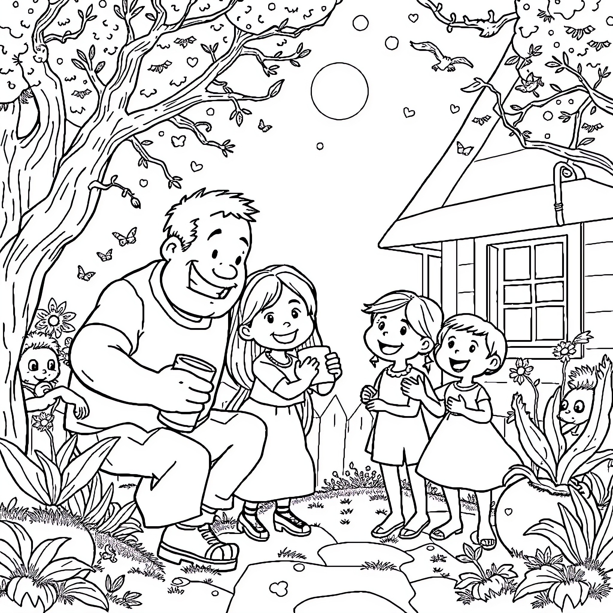 Famille enjoying nature's beauty together Coloring Page (free black-and-white line drawing printable PDF for all, from beginners to advanced learners, including children, teens, adults, and seniors)