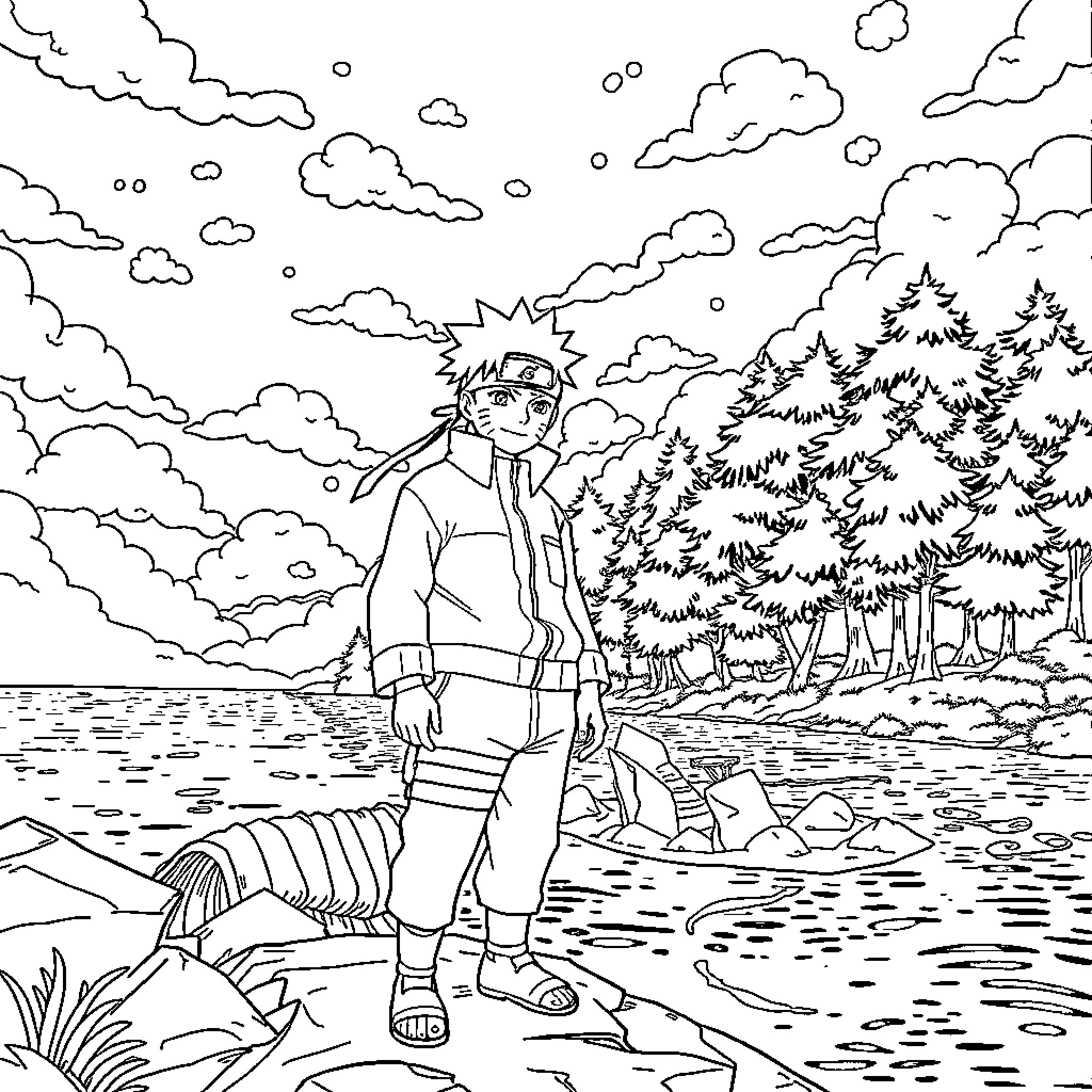 Naruto Exploring the Scenic Wilderness Coloring Page (free black-and-white line drawing printable PDF for all, from beginners to advanced learners, including children, teens, adults, and seniors)