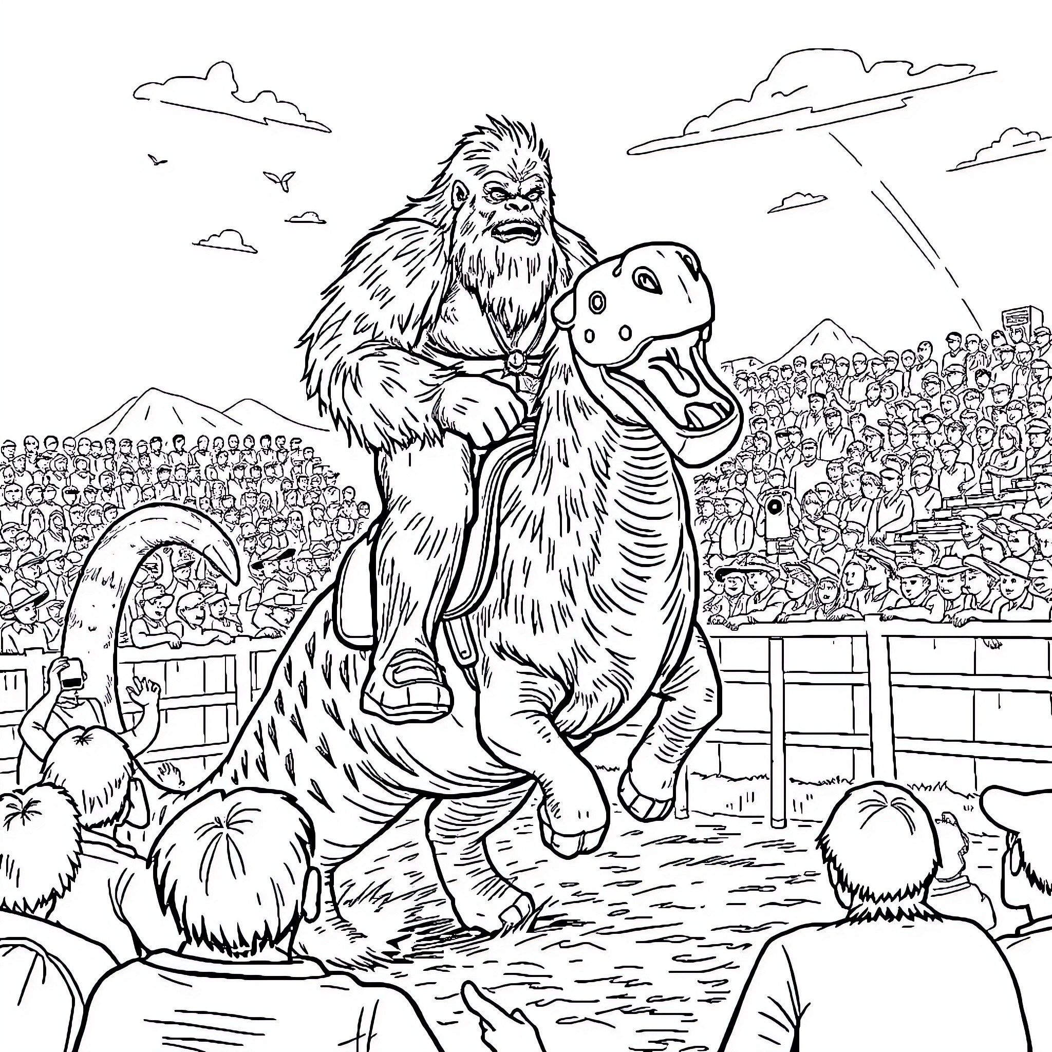 Bigfoot showcasing unusual prehistoric beast at public event Coloring Page (free black-and-white line drawing printable PDF for all, from beginners to advanced learners, including children, teens, adults, and seniors)