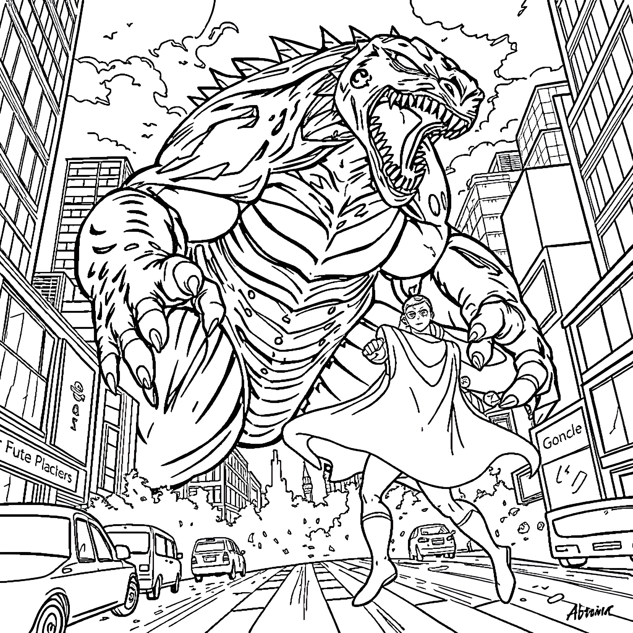 Superhero Dinosaur Destroys Cityscape Coloring Page (free black-and-white line drawing printable PDF for all, from beginners to advanced learners, including children, teens, adults, and seniors)