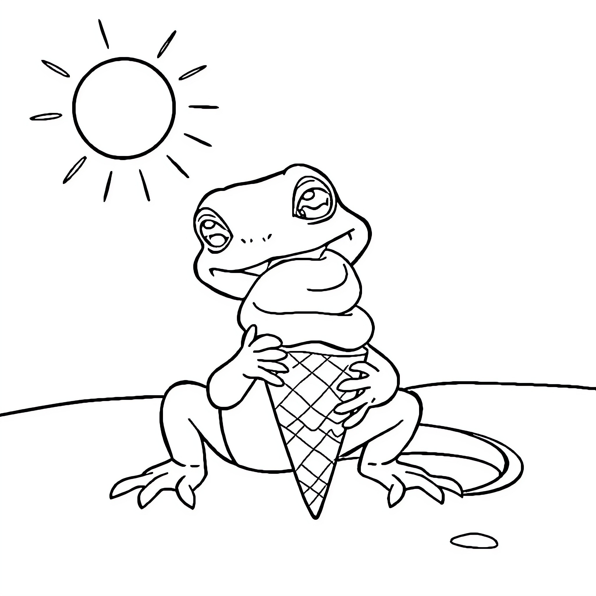 Gecko enjoying ice cream on a sunny day Coloring Page (free black-and-white line drawing printable PDF for all, from beginners to advanced learners, including children, teens, adults, and seniors)