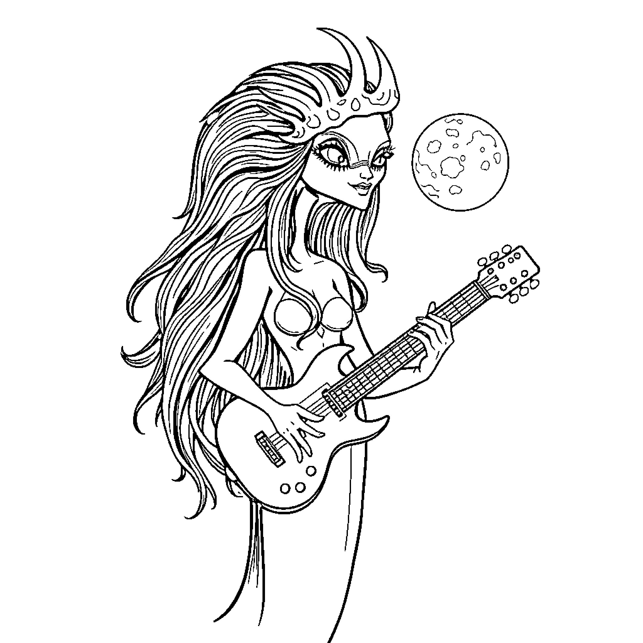Siren Head playing guitar under the moon Coloring Page (free black-and-white line drawing printable PDF for all, from beginners to advanced learners, including children, teens, adults, and seniors)