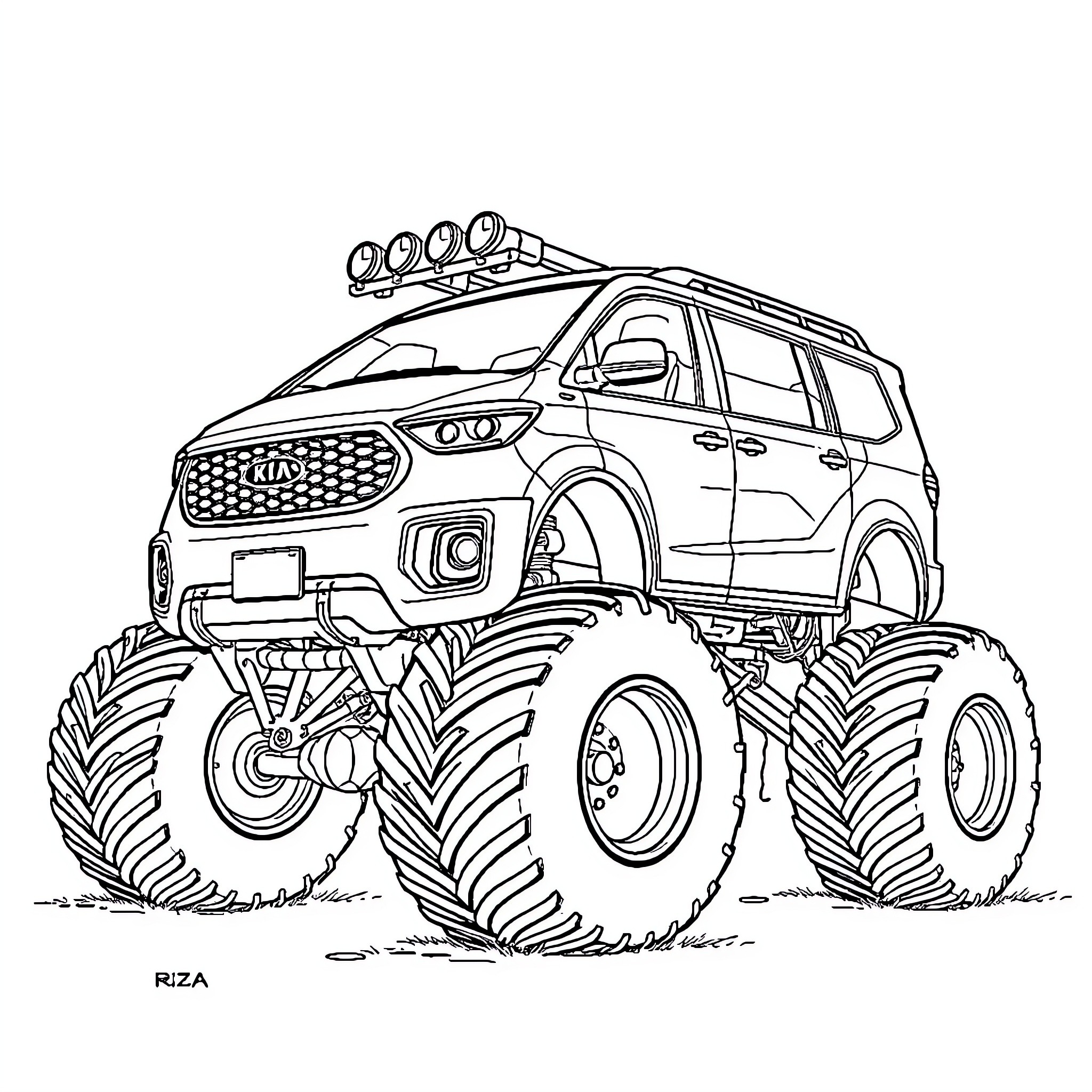 Kia Monster Truck Adventure on the Trails Coloring Page (free black-and-white line drawing printable PDF for all, from beginners to advanced learners, including children, teens, adults, and seniors)