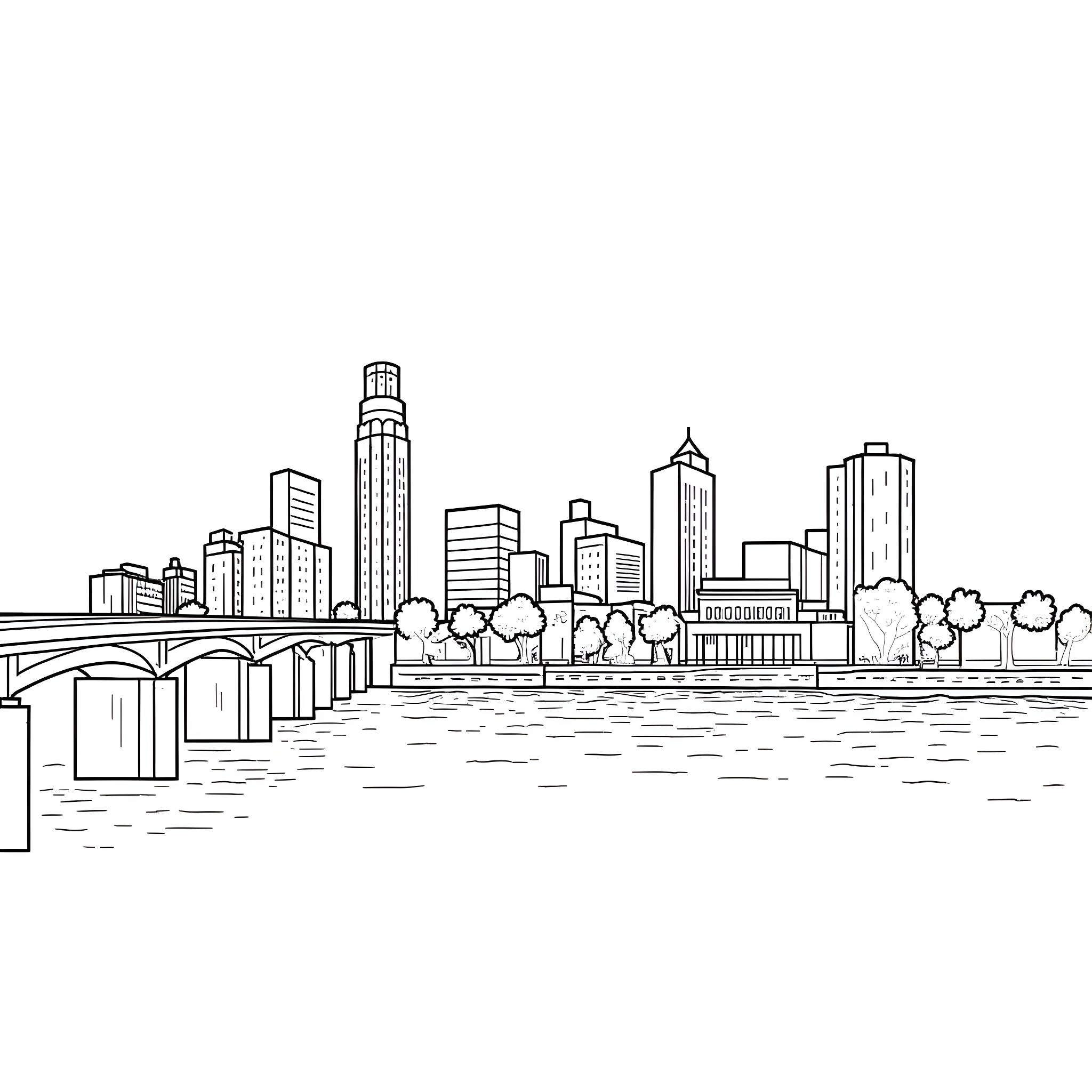 Sacramento Cityscape with Bridges and Buildings Coloring Page (free black-and-white line drawing printable PDF for all, from beginners to advanced learners, including children, teens, adults, and seniors)