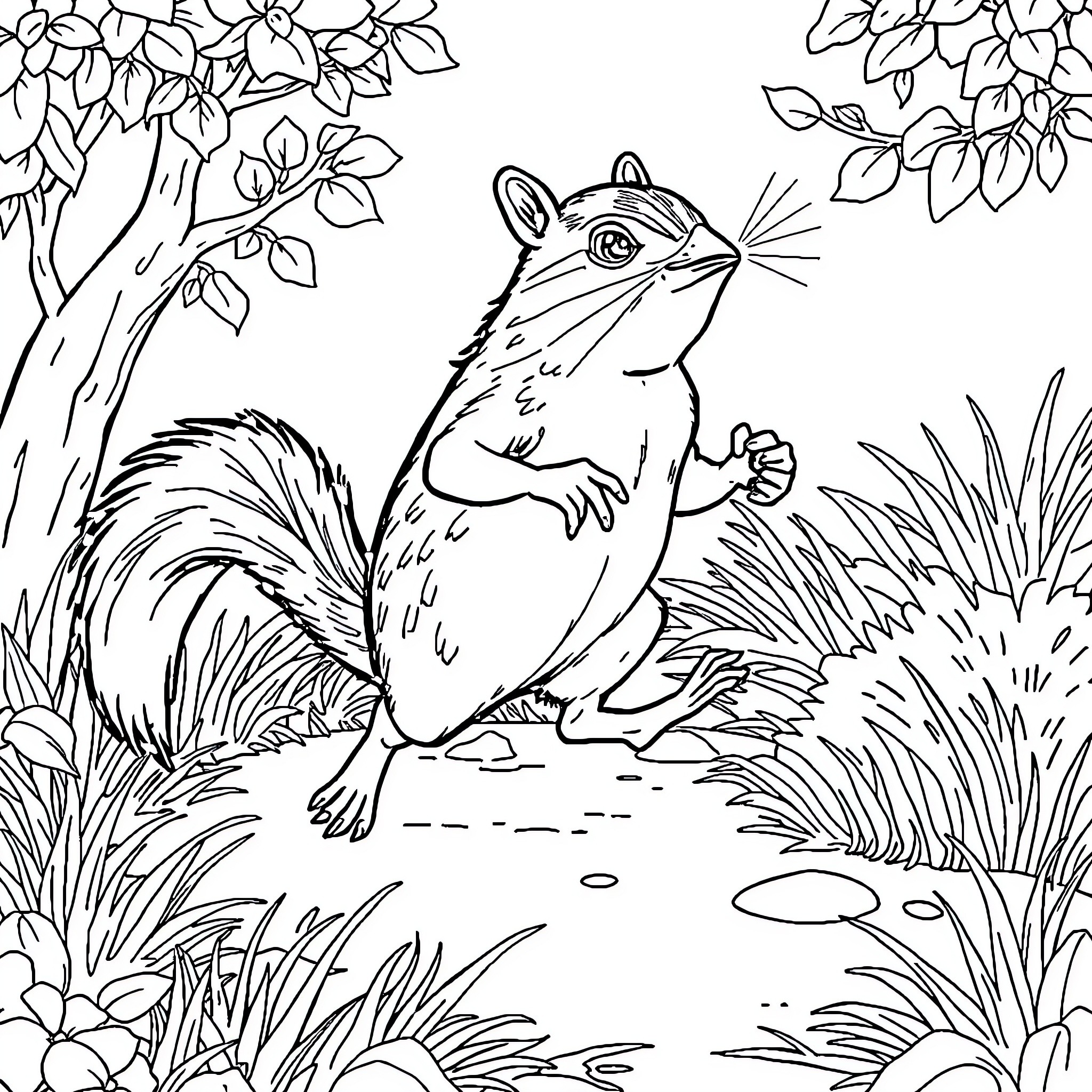 Mouse exploring a natural forest scene Coloring Page (free black-and-white line drawing printable PDF for all, from beginners to advanced learners, including children, teens, adults, and seniors)