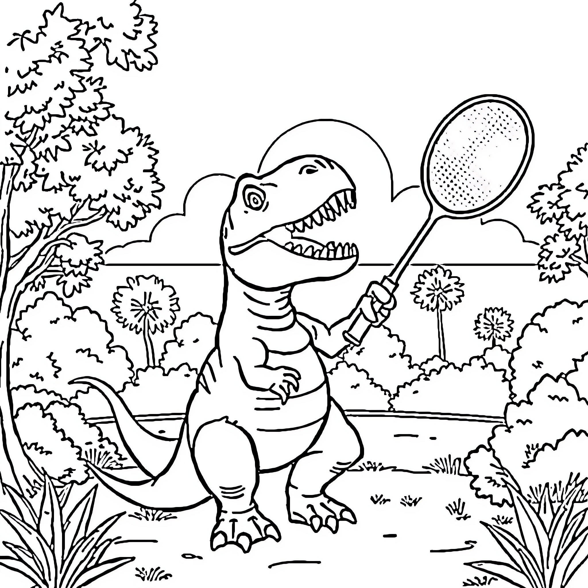 T-Rex playing tennis in the jungle Coloring Page (free black-and-white line drawing printable PDF for all, from beginners to advanced learners, including children, teens, adults, and seniors)