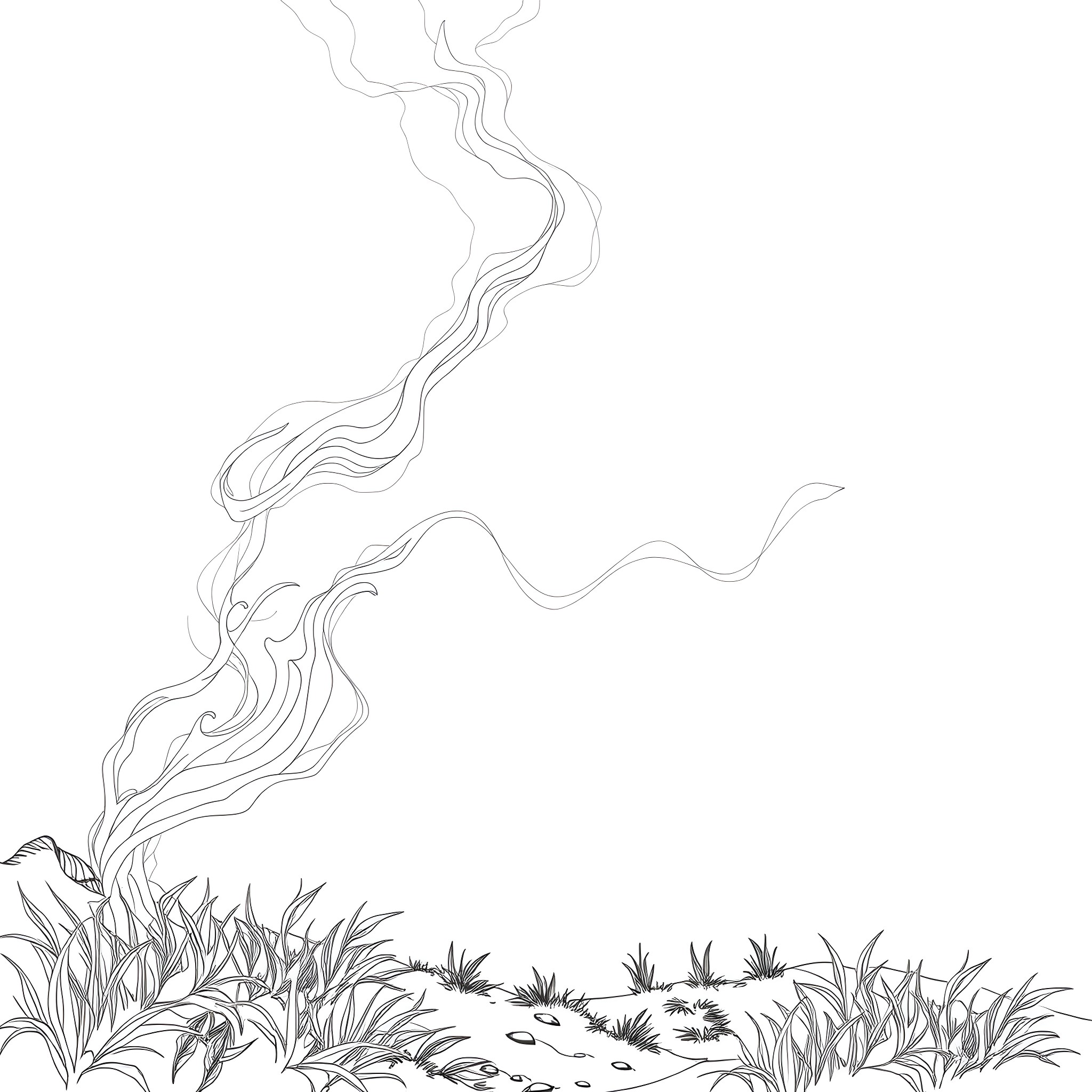 Ghost figures emerging from the misty meadow Coloring Page (free black-and-white line drawing printable PDF for all, from beginners to advanced learners, including children, teens, adults, and seniors)