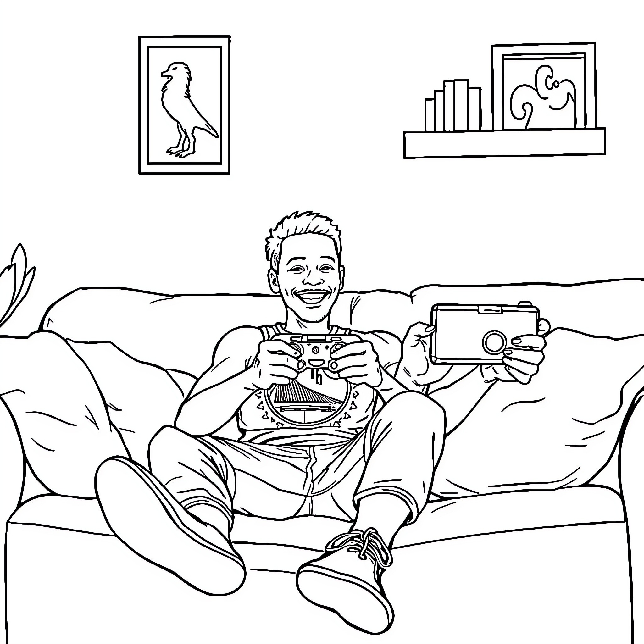 Steph Curry relaxing and playing video games at home Coloring Page (free black-and-white line drawing printable PDF for all, from beginners to advanced learners, including children, teens, adults, and seniors)