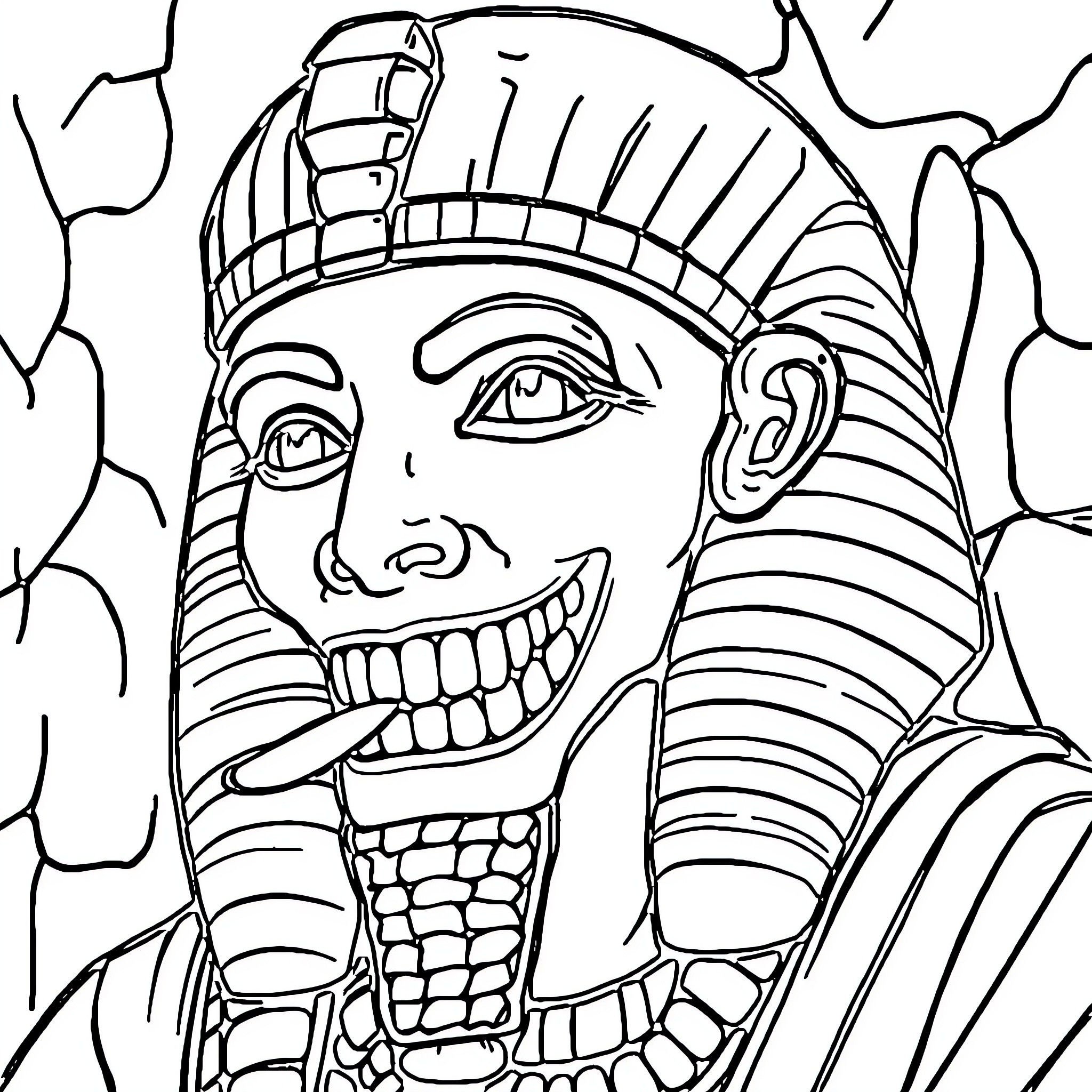 Dentist examining Egyptian pharaoh's smile Coloring Page (free black-and-white line drawing printable PDF for all, from beginners to advanced learners, including children, teens, adults, and seniors)