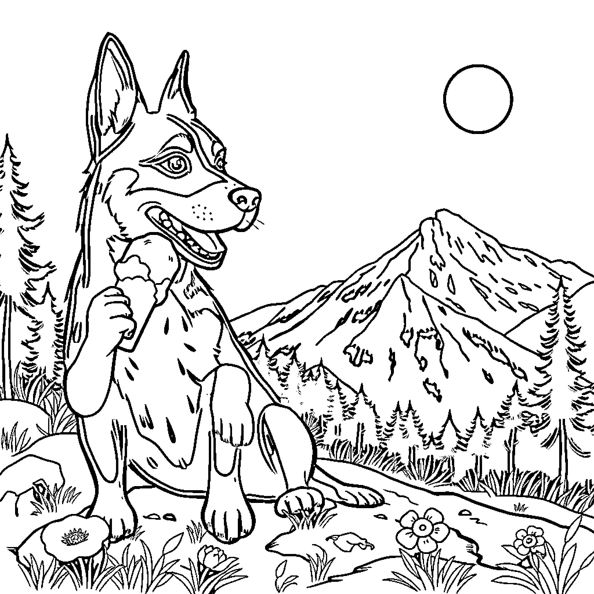 Perro exploring the mountainous landscape Coloring Page (free black-and-white line drawing printable PDF for all, from beginners to advanced learners, including children, teens, adults, and seniors)