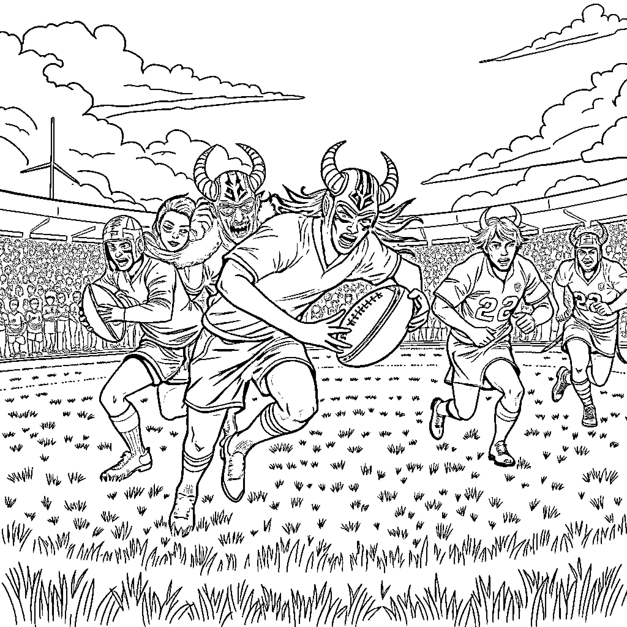 Demon Hunter battles monstrous opponents in a grassy field Coloring Page (free black-and-white line drawing printable PDF for all, from beginners to advanced learners, including children, teens, adults, and seniors)