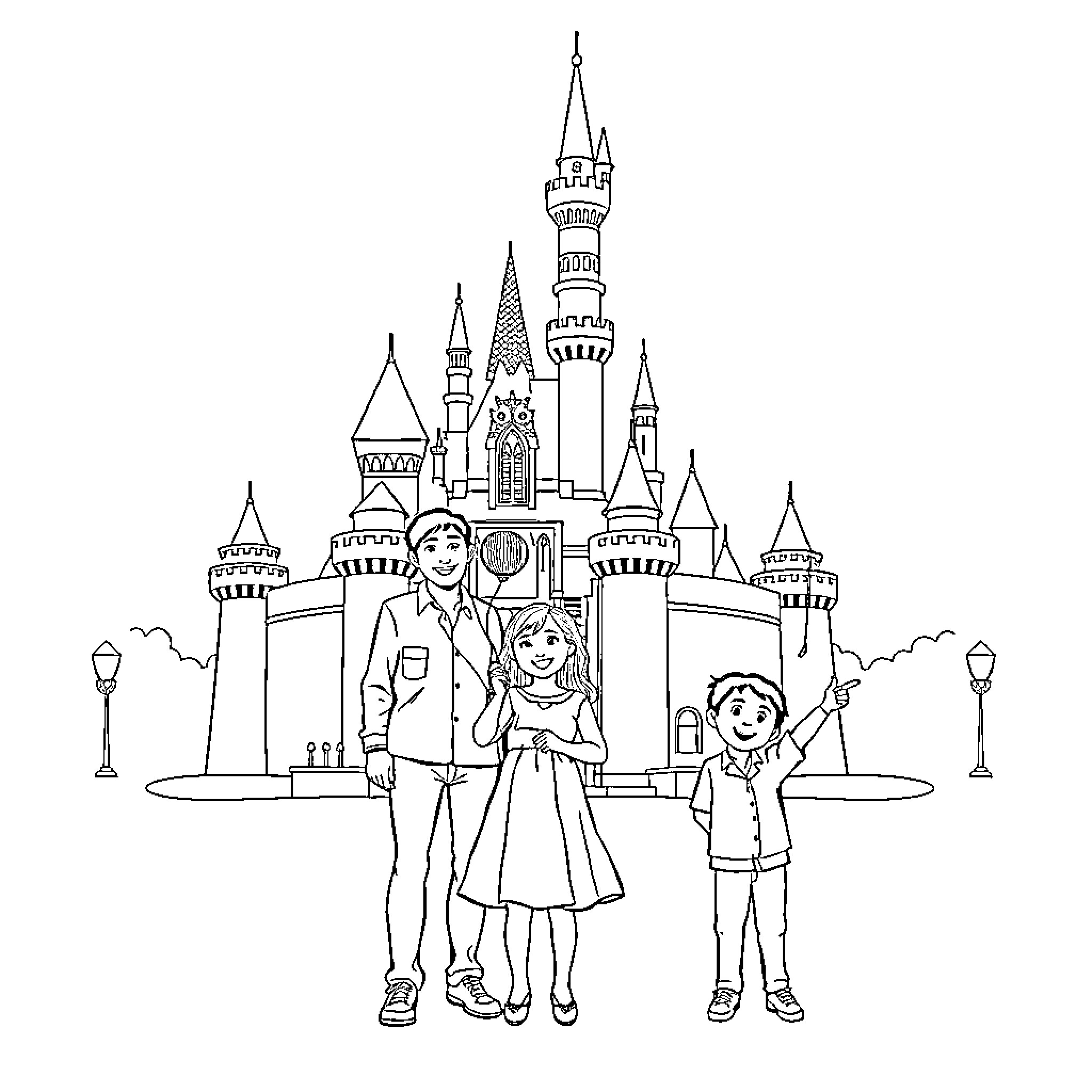 Family's Magical Castle Adventure Coloring Page (free black-and-white line drawing printable PDF for all, from beginners to advanced learners, including children, teens, adults, and seniors)