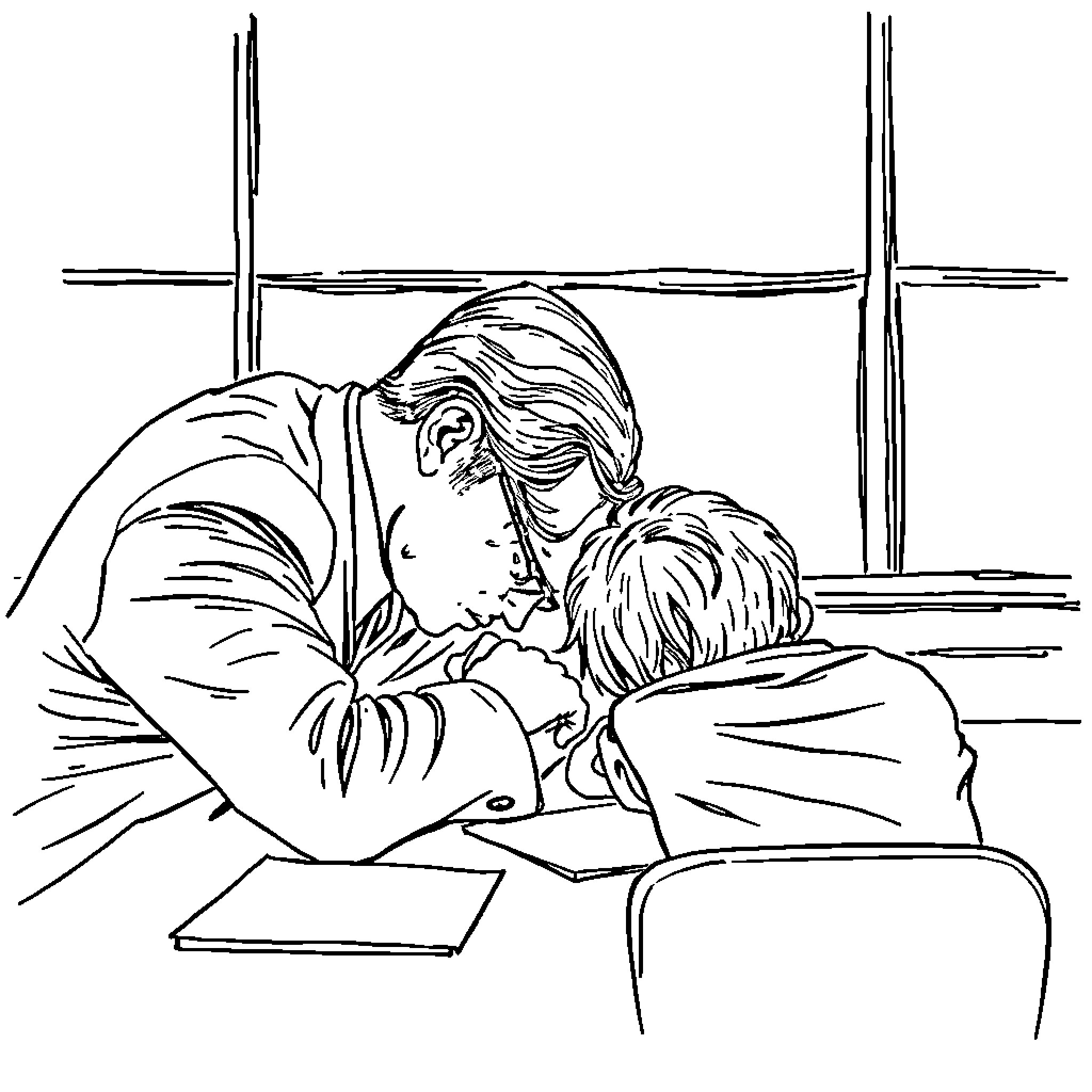 Teacher comforting distraught student in the classroom Coloring Page (free black-and-white line drawing printable PDF for all, from beginners to advanced learners, including children, teens, adults, and seniors)