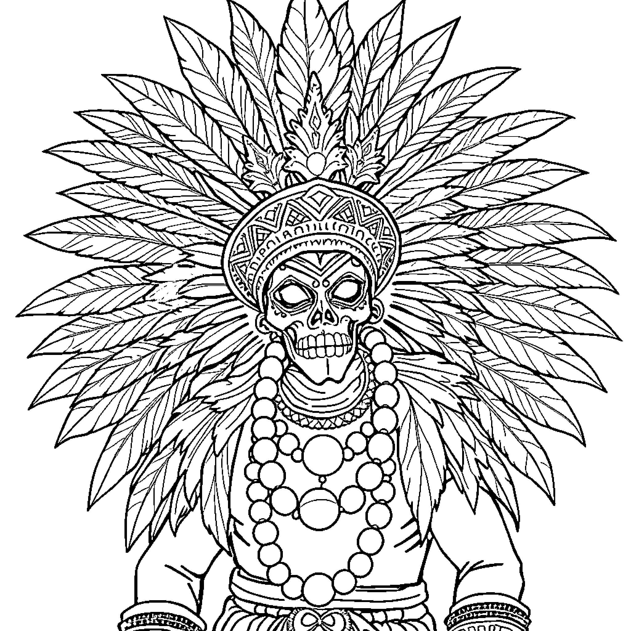 Mardi Gras Indian with intricate headdress and ceremonial attire Coloring Page (free black-and-white line drawing printable PDF for all, from beginners to advanced learners, including children, teens, adults, and seniors)