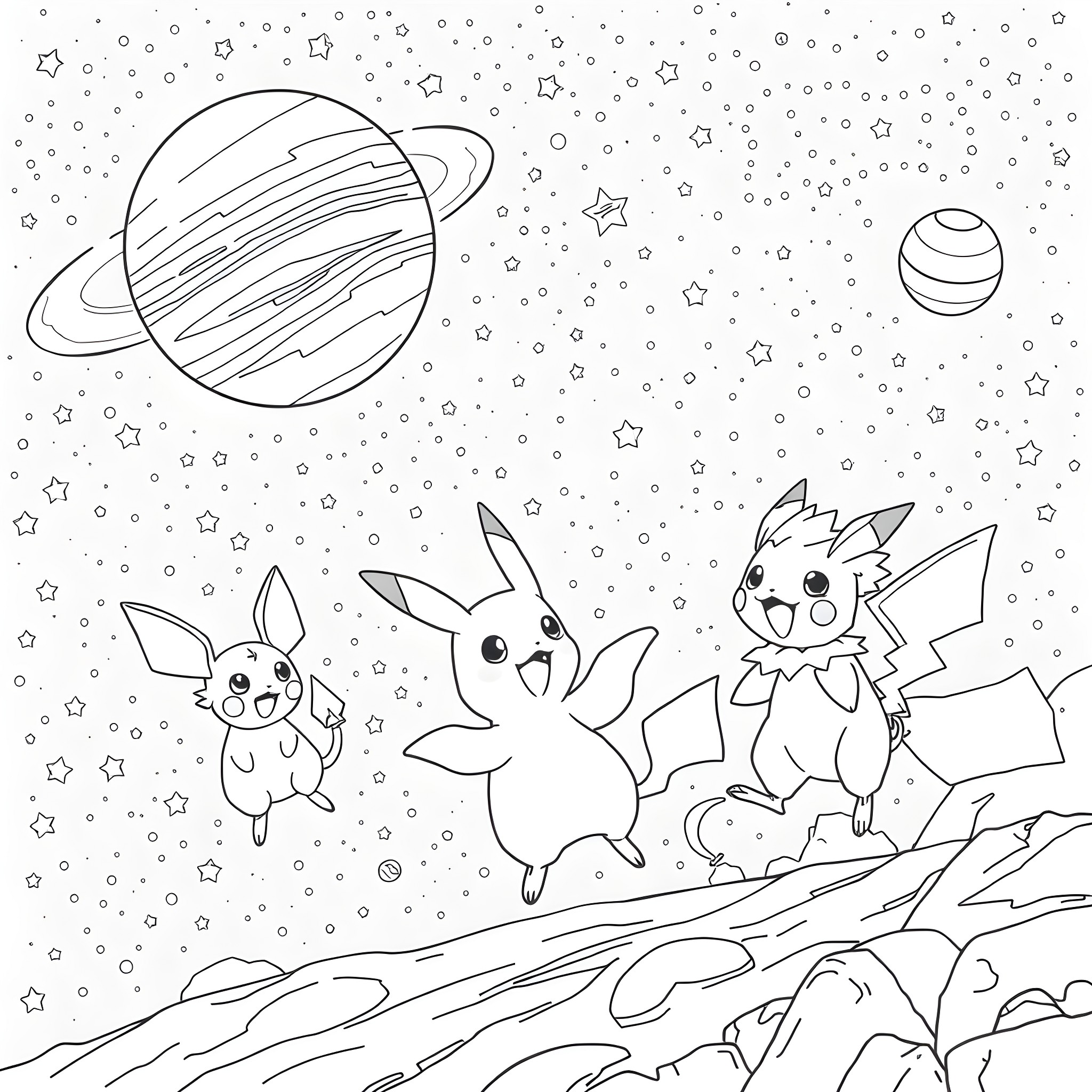Pokémon characters in a celestial landscape Coloring Page (free black-and-white line drawing printable PDF for all, from beginners to advanced learners, including children, teens, adults, and seniors)