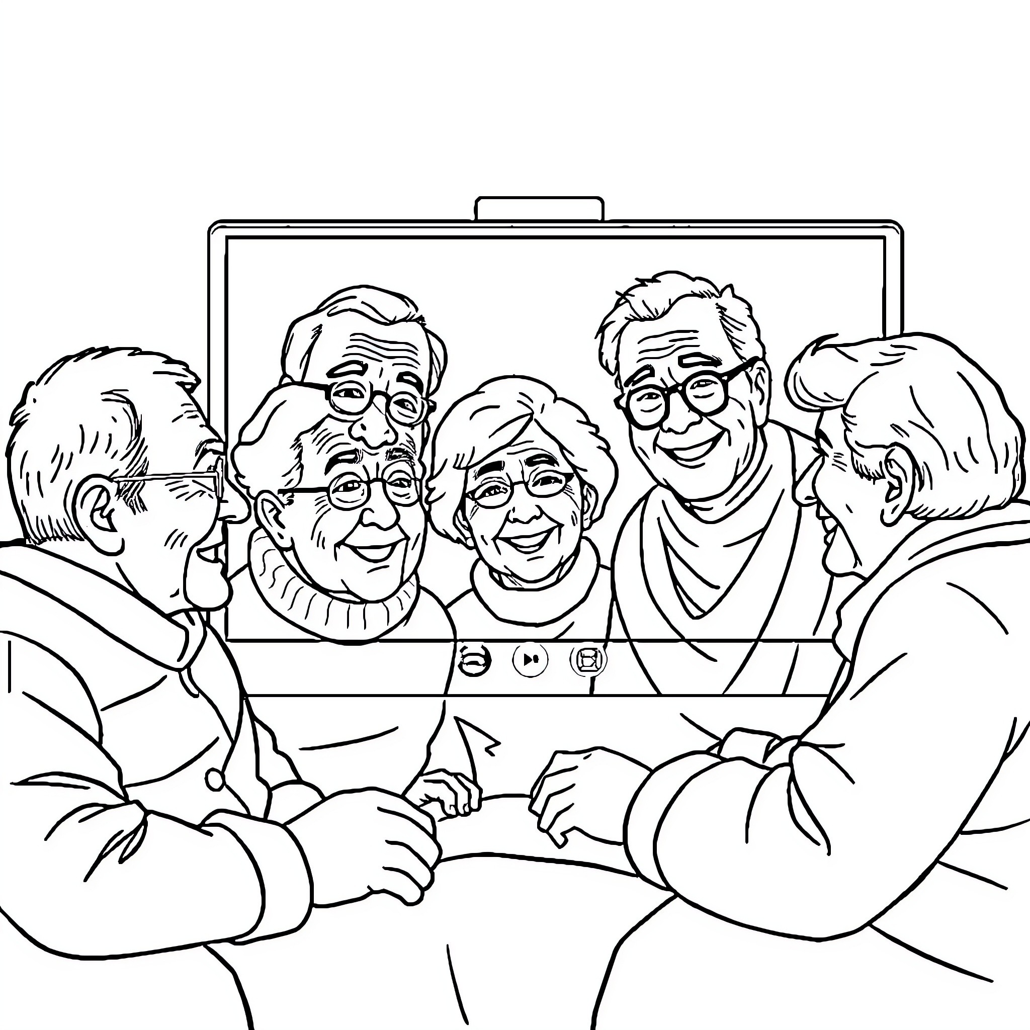 Sibling selfie with elderly family members Coloring Page (free black-and-white line drawing printable PDF for all, from beginners to advanced learners, including children, teens, adults, and seniors)