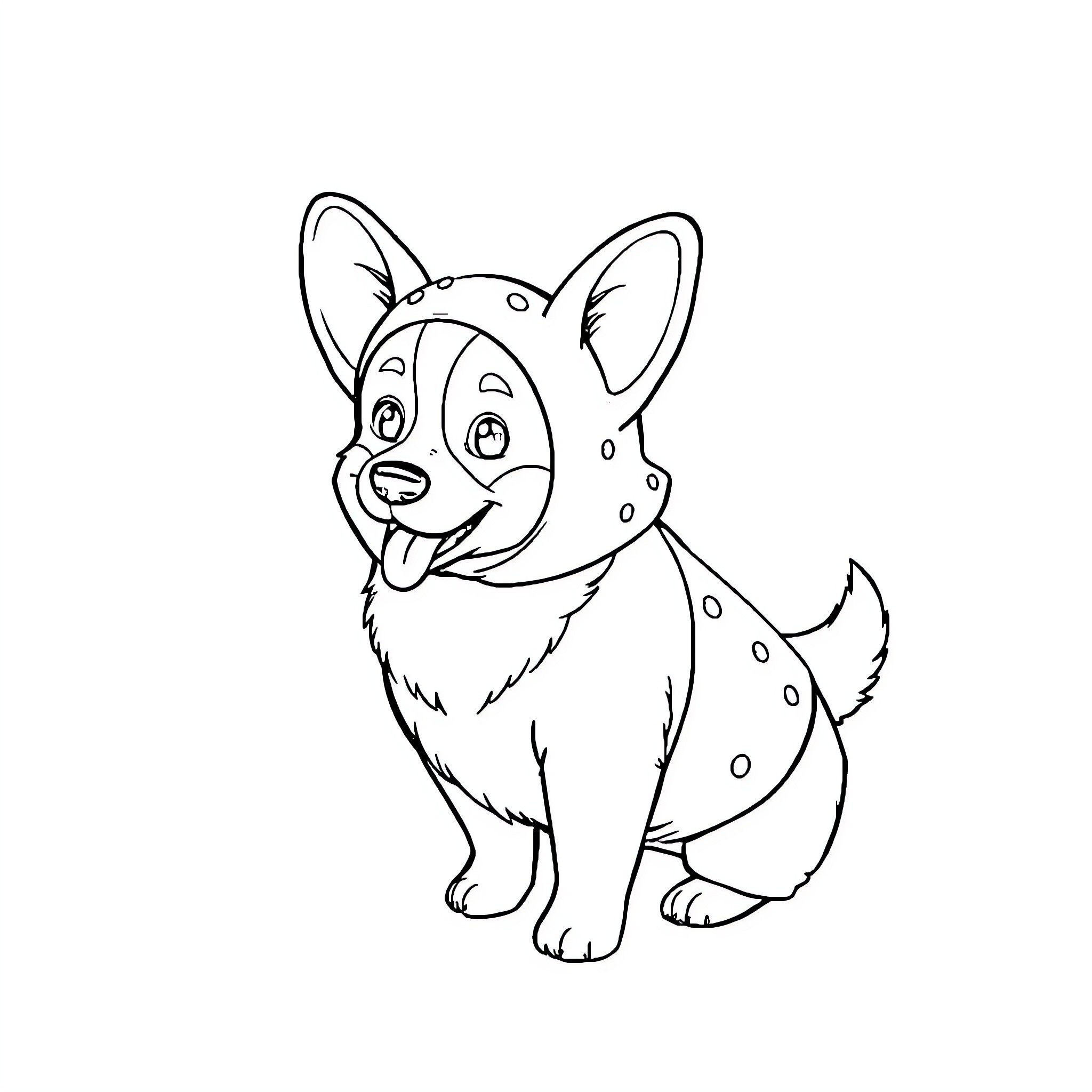 Corgi puppy sitting and looking playful Coloring Page (free black-and-white line drawing printable PDF for all, from beginners to advanced learners, including children, teens, adults, and seniors)