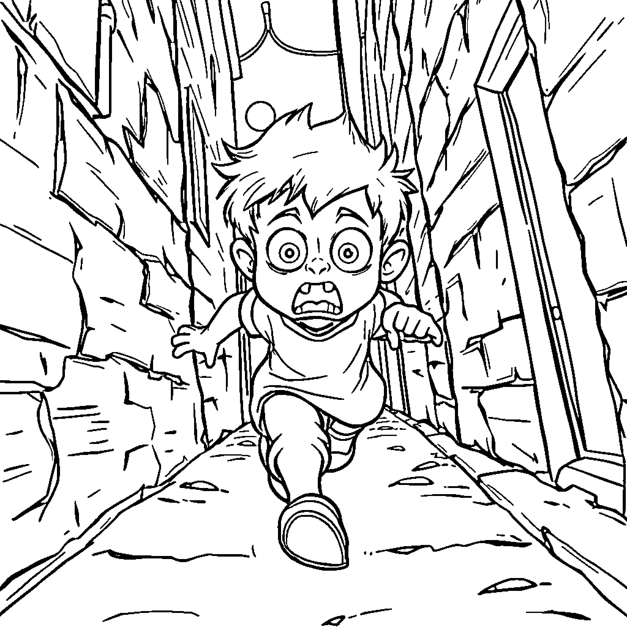 Boy scared in dark alley Coloring Page (free black-and-white line drawing printable PDF for all, from beginners to advanced learners, including children, teens, adults, and seniors)