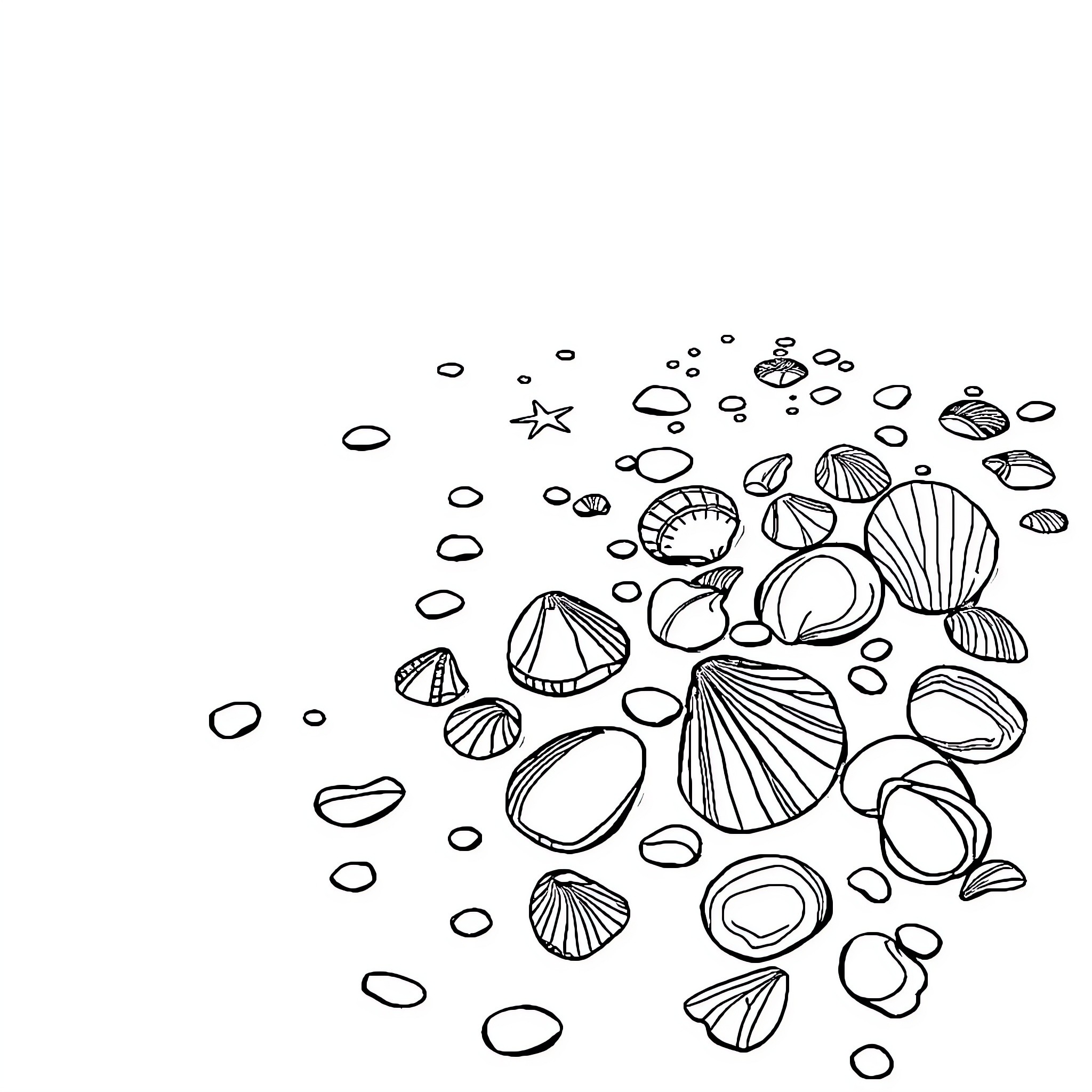 Seashell scatter across the sea floor Coloring Page (free black-and-white line drawing printable PDF for all, from beginners to advanced learners, including children, teens, adults, and seniors)