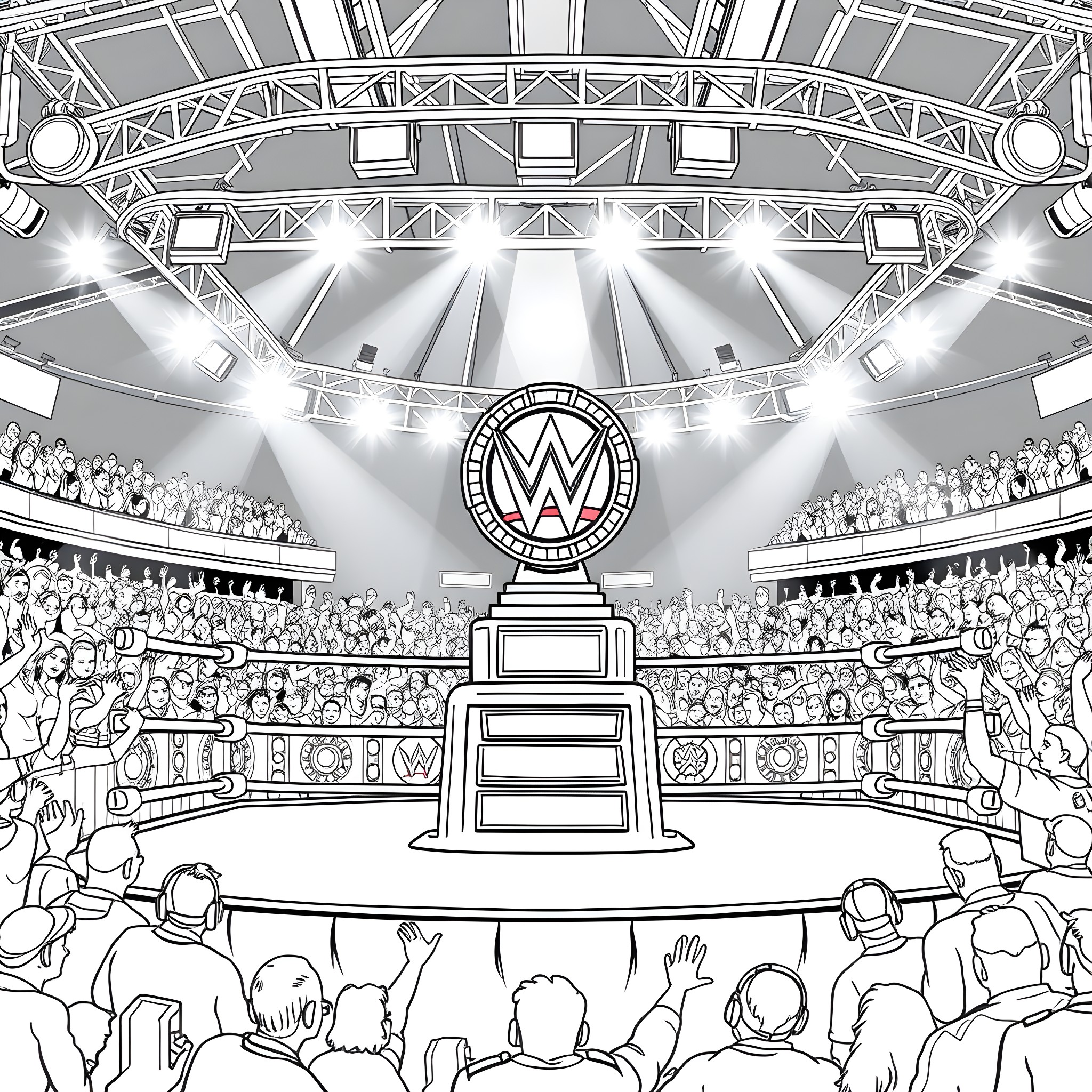 WWE Championship Match in an Illuminated Arena Coloring Page (free black-and-white line drawing printable PDF for all, from beginners to advanced learners, including children, teens, adults, and seniors)