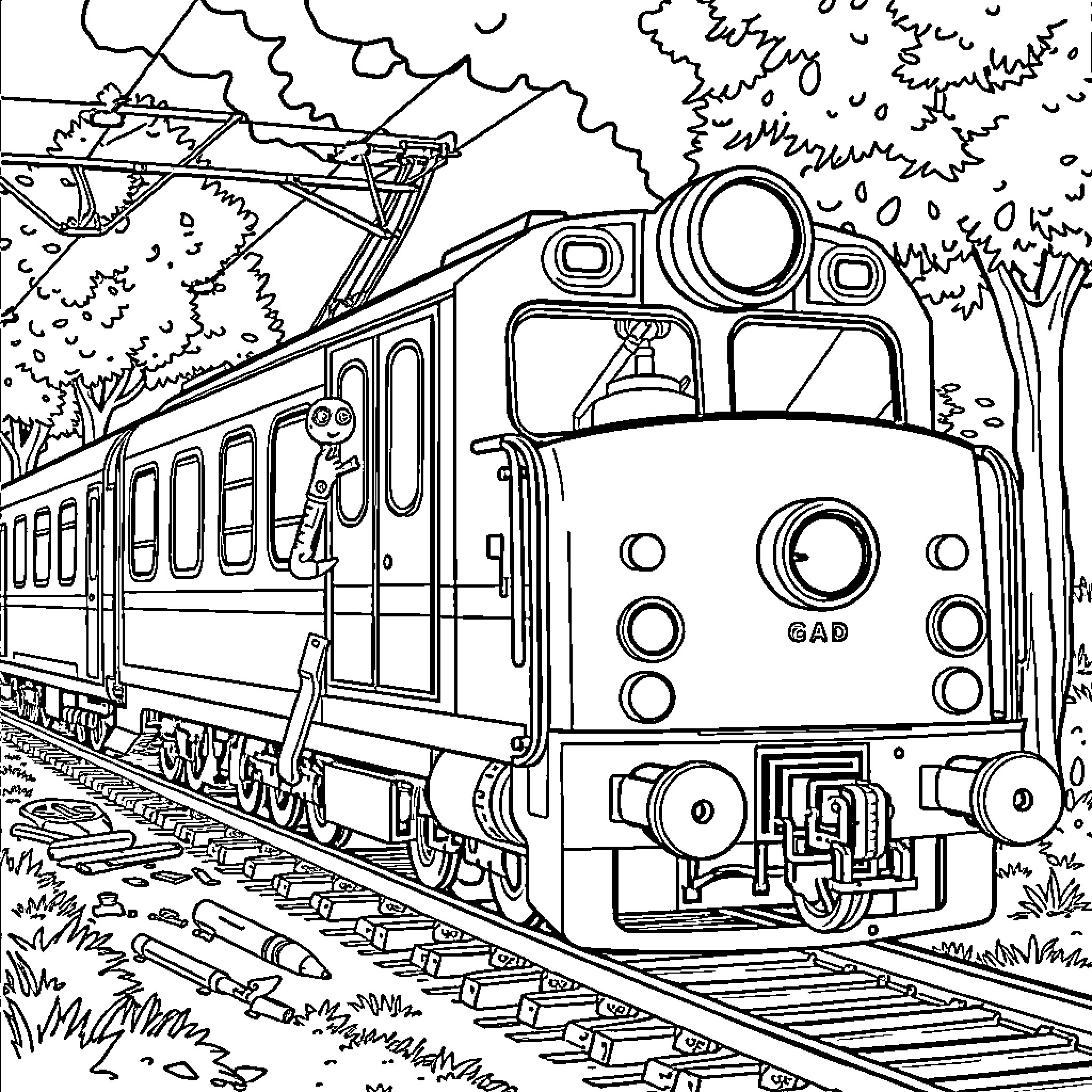 Patrol Car on the Train Tracks Coloring Page (free black-and-white line drawing printable PDF for all, from beginners to advanced learners, including children, teens, adults, and seniors)