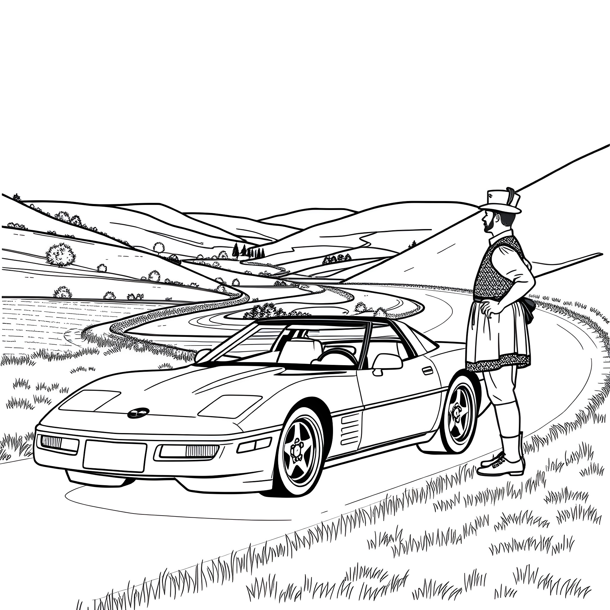 Corvette driving through scenic countryside landscape Coloring Page (free black-and-white line drawing printable PDF for all, from beginners to advanced learners, including children, teens, adults, and seniors)