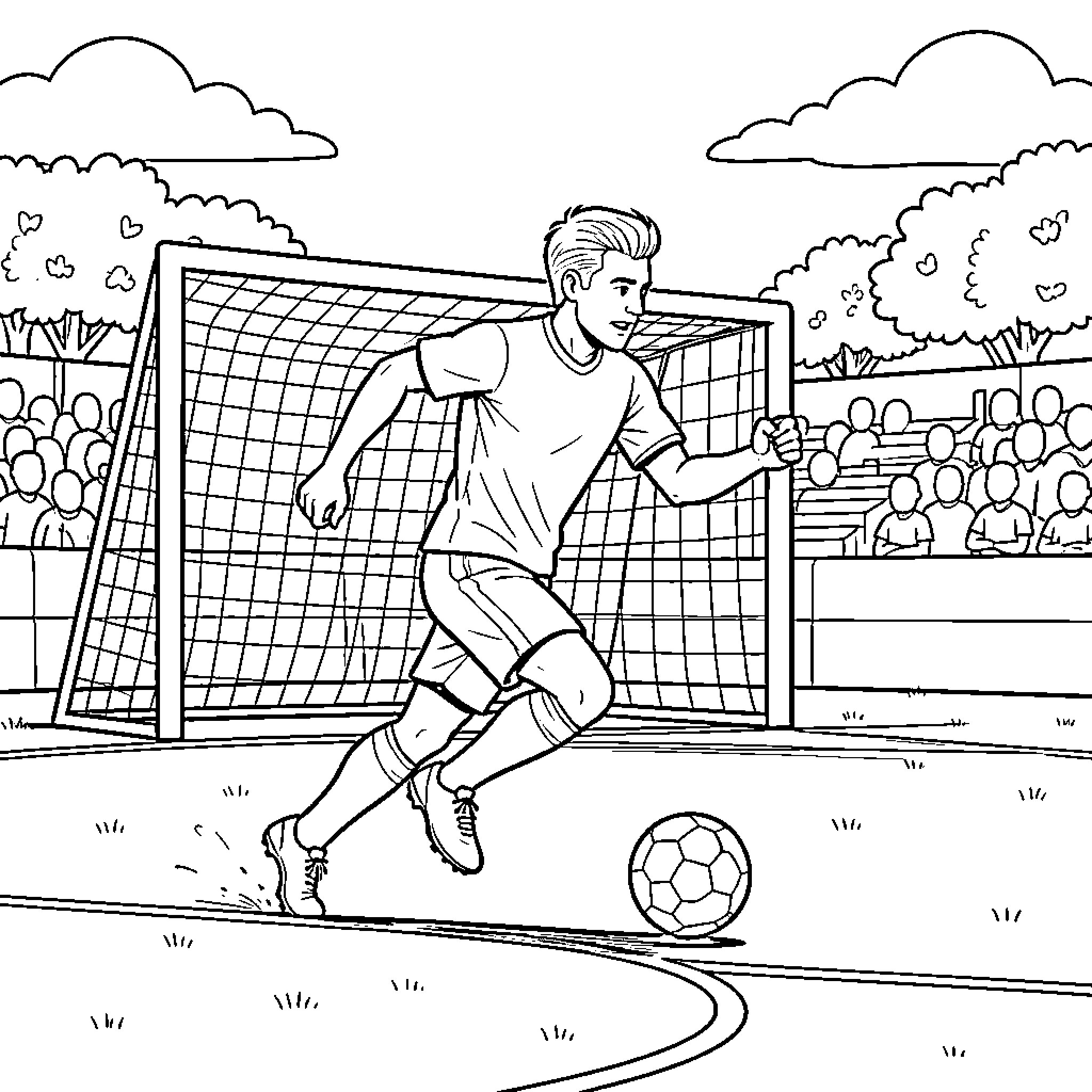 Soccer player dribbling a ball toward the goal Coloring Page (free black-and-white line drawing printable PDF for all, from beginners to advanced learners, including children, teens, adults, and seniors)