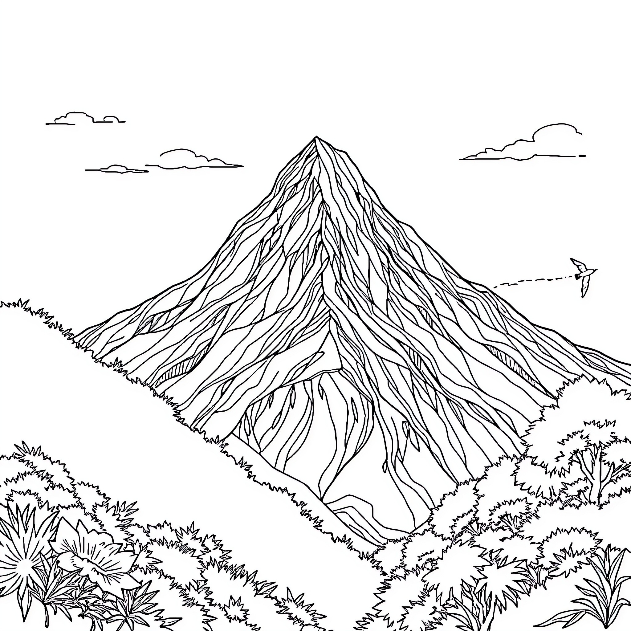 Mountain landscape with scenic vegetation and sky Coloring Page (free black-and-white line drawing printable PDF for all, from beginners to advanced learners, including children, teens, adults, and seniors)